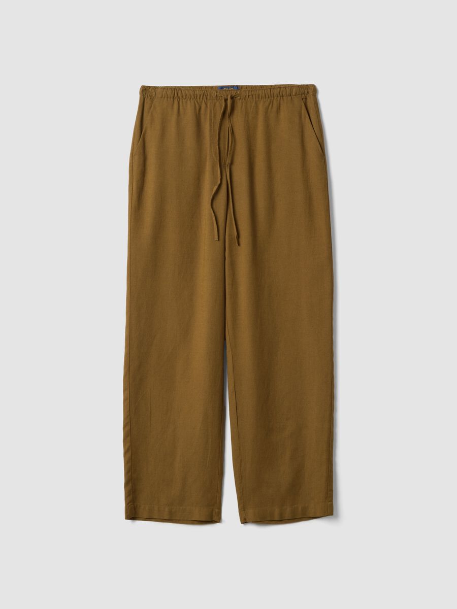 Pantaloni in misto viscosa e lino marroni straight fit con coulisse_4