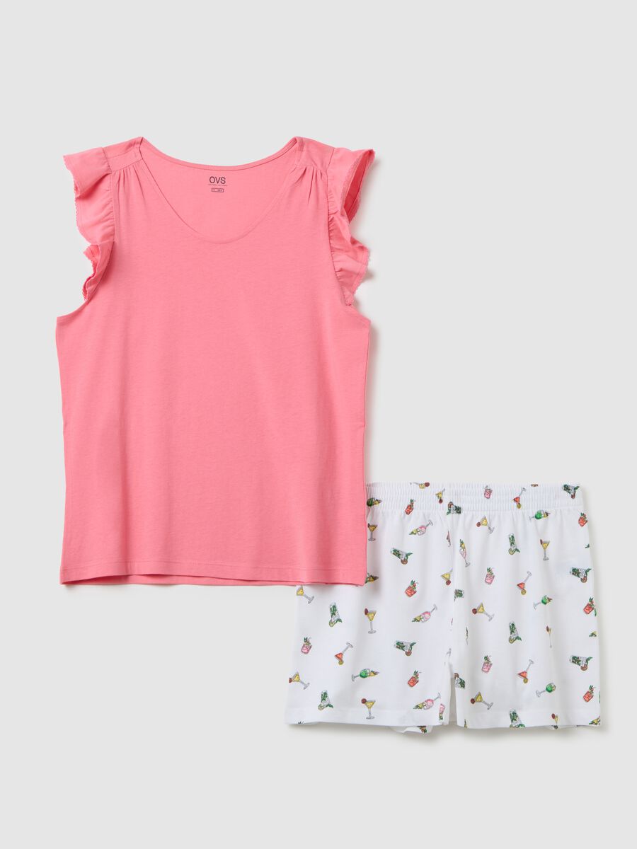Completo da donna in puro cotone multicolor regular fit con top a balze e pantaloncini con stampa cocktail_4