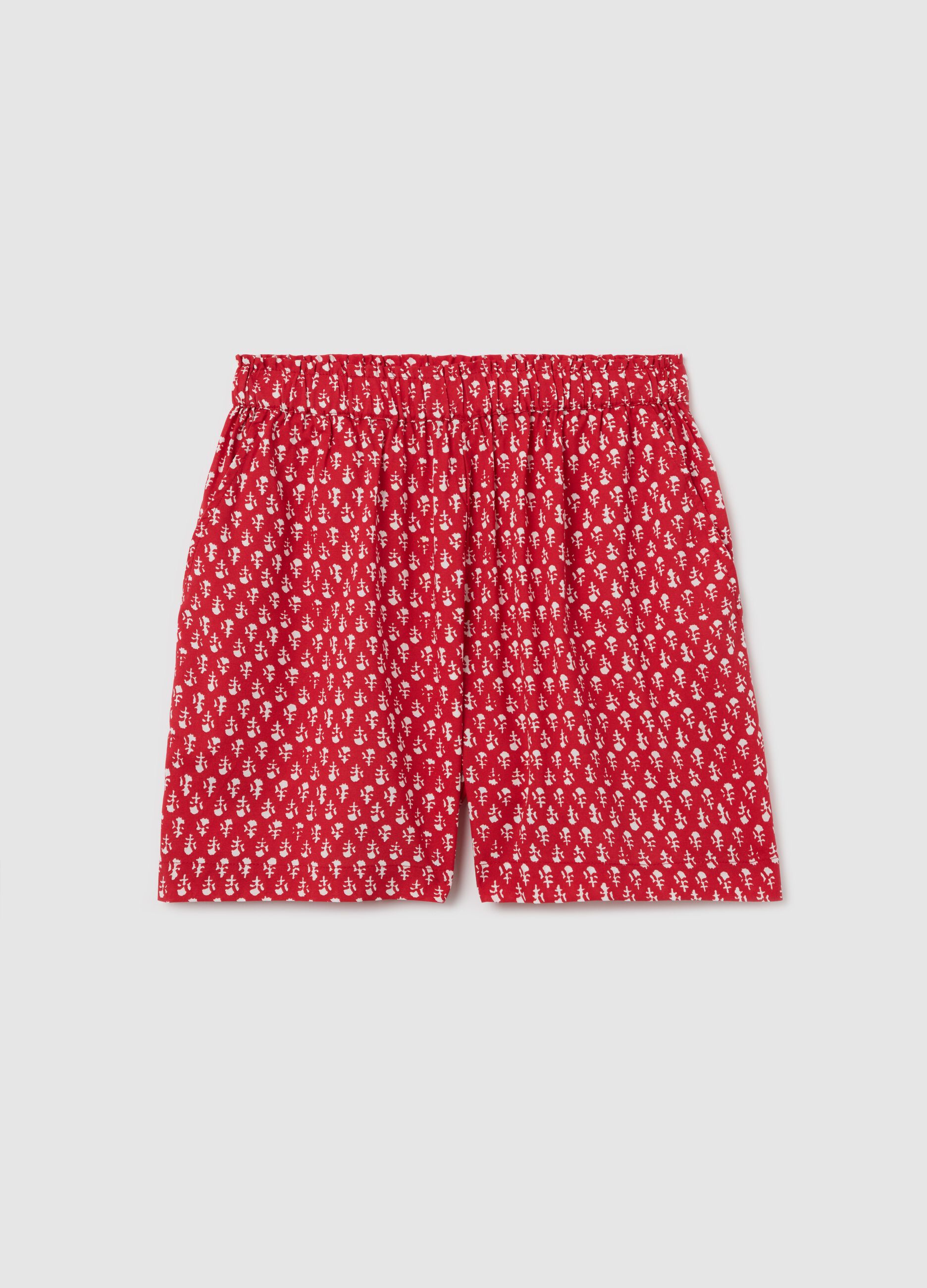 Red viscose shorts with ethnic pattern