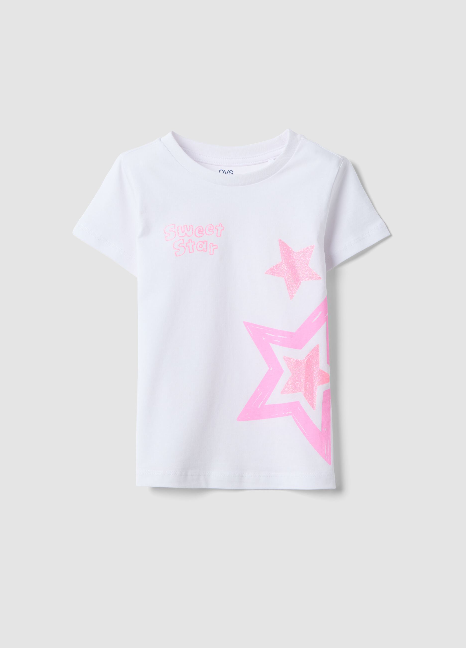 White pure cotton girls' t-shirt regular fit with stars
