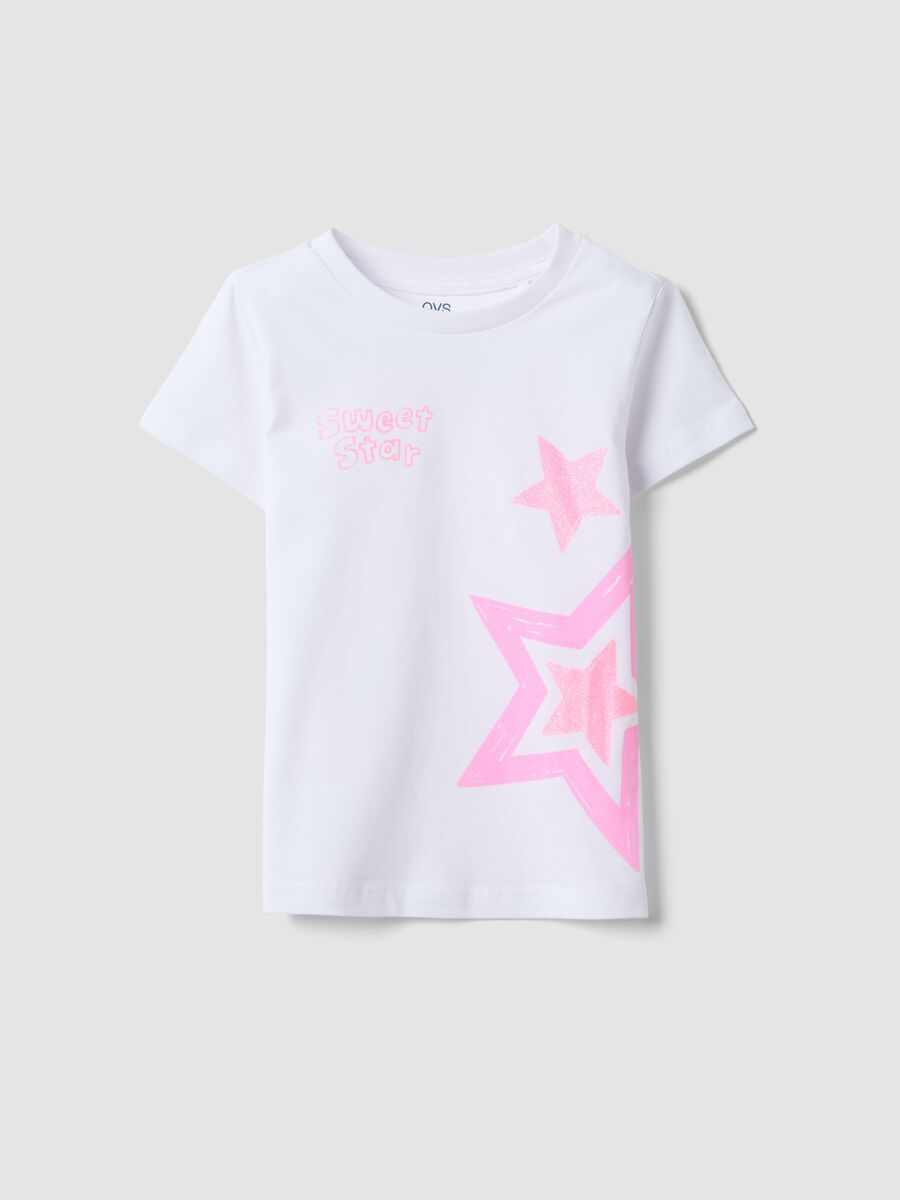 White pure cotton girls' t-shirt regular fit with stars_0