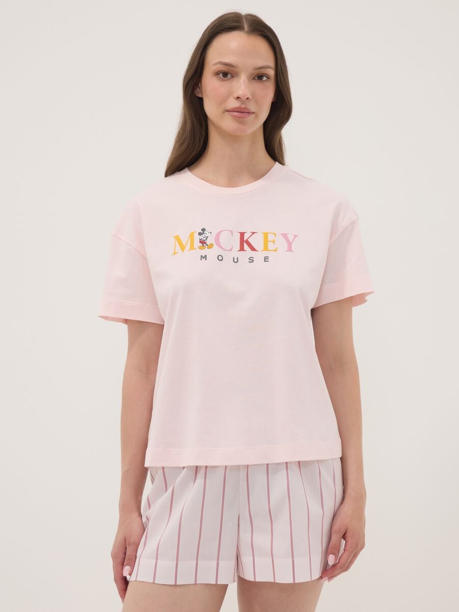 Pink organic cotton pyjama T-shirt with Mickey Mouse slogan_0