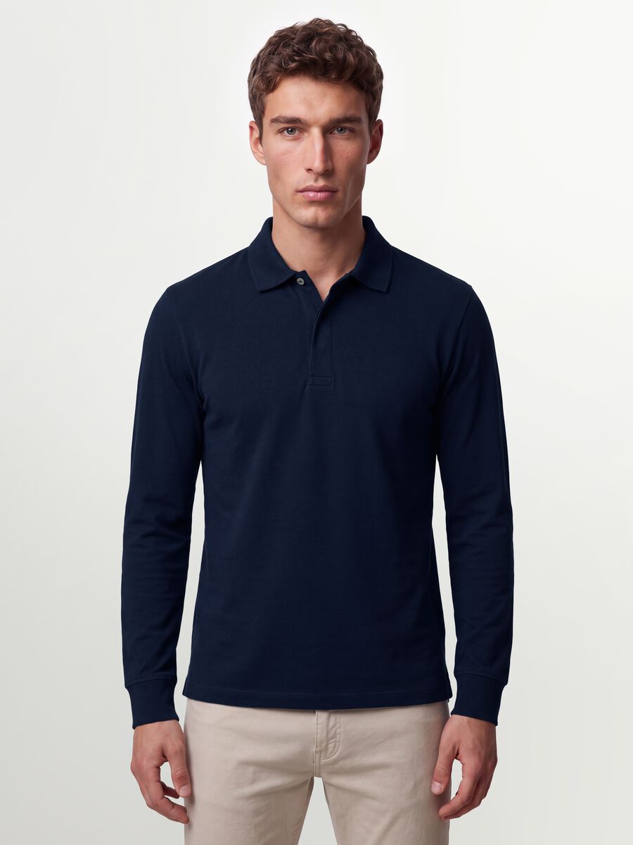 Polo blu in cotone elasticizzato a maniche lunghe regular fit_0
