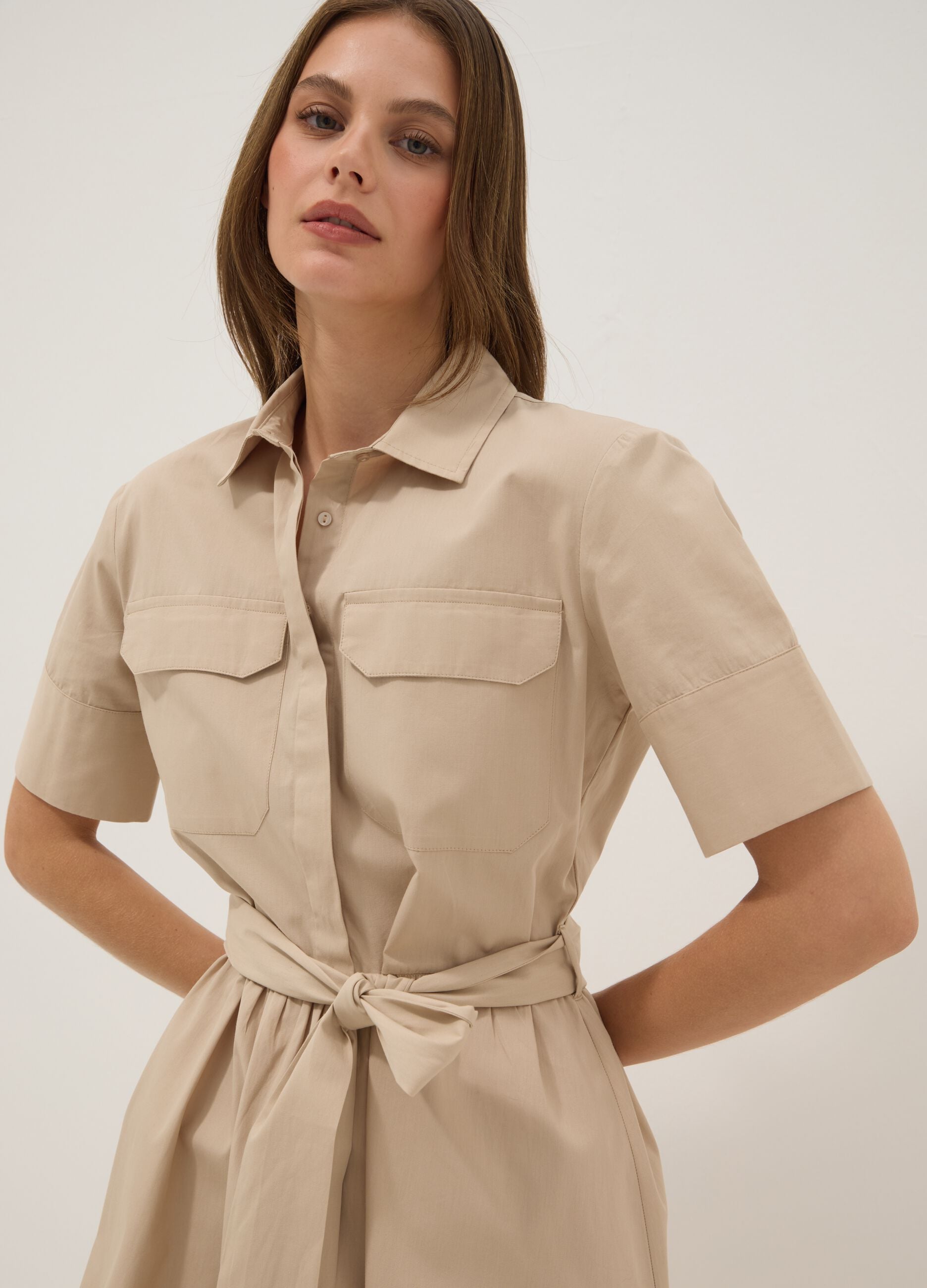 Beige pure cotton shirt dress with belt, regular fit
