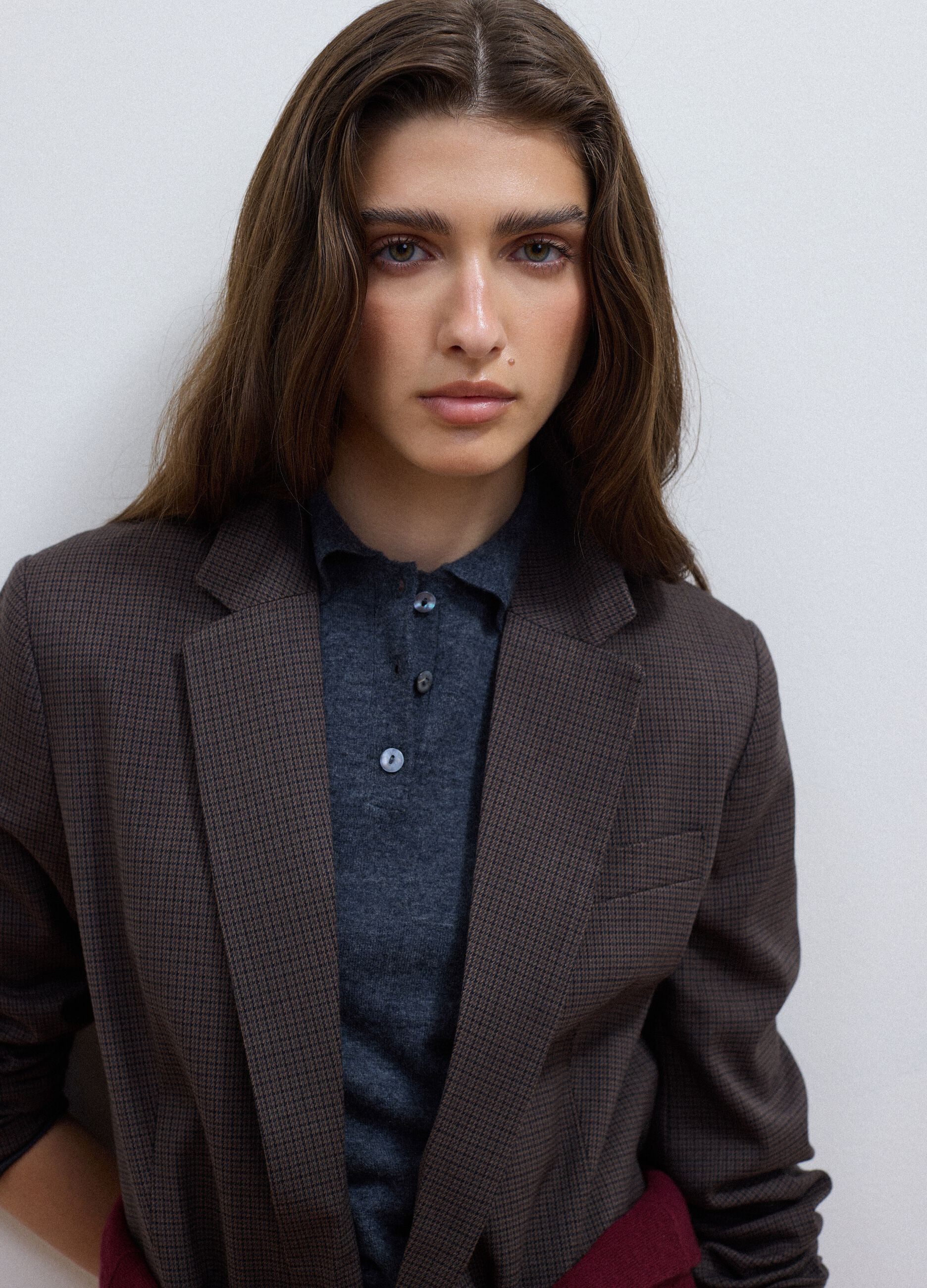 Blazer marrone in viscosa elasticizzata regular fit a microquadri