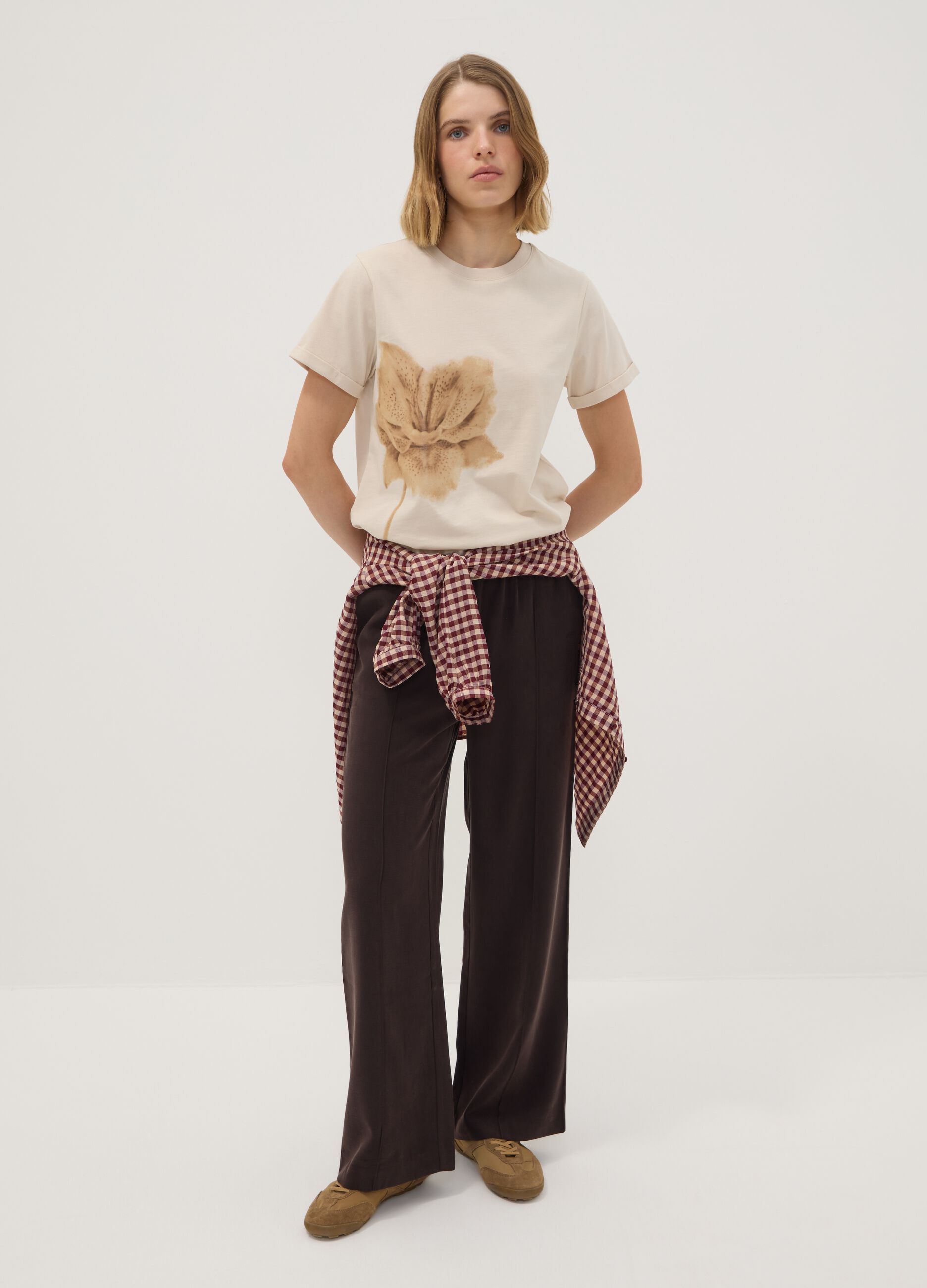 Brown viscose-blend wide-leg jogger trousers