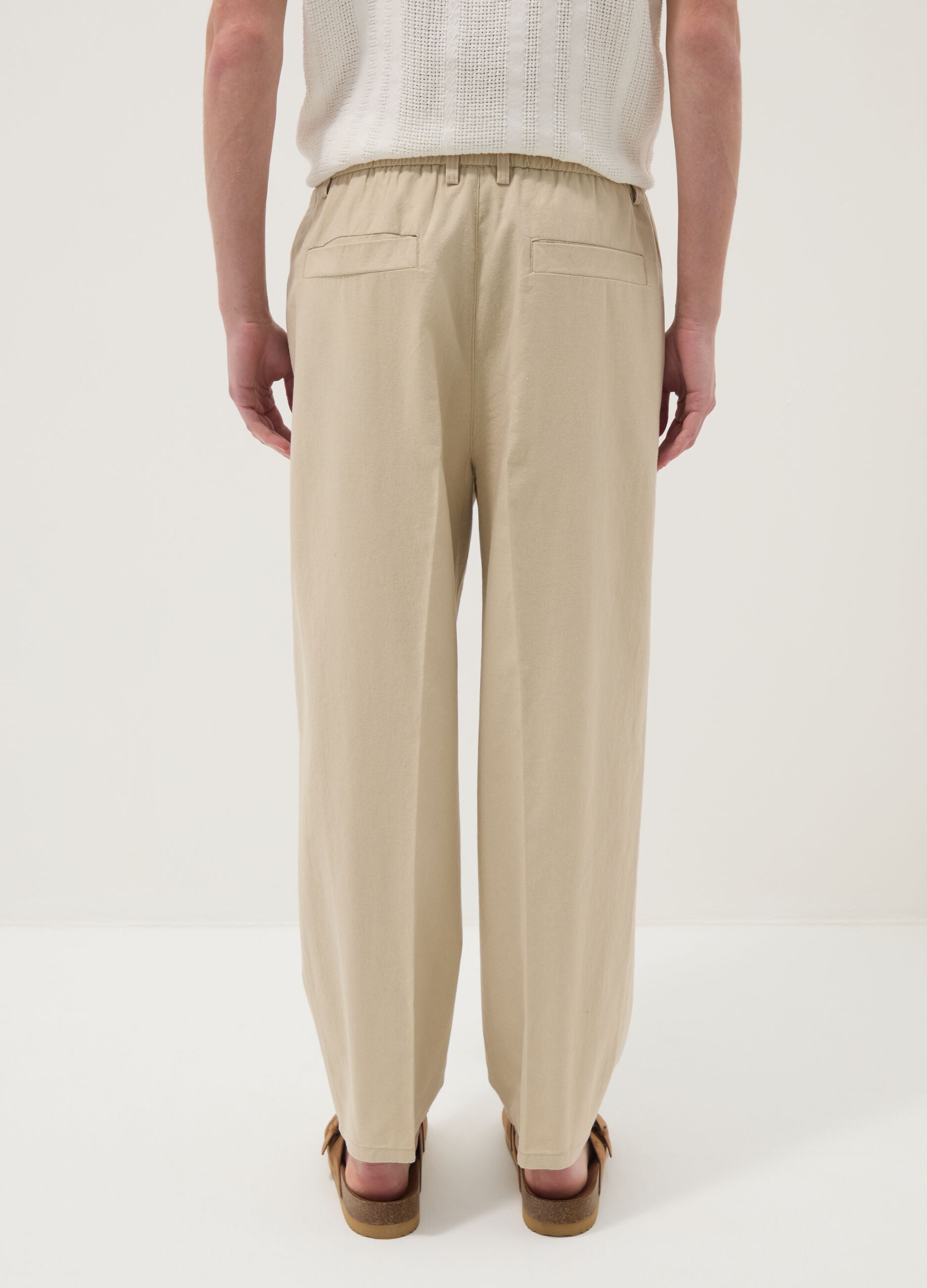 Beige linen-cotton blend trousers with an elasticated waist