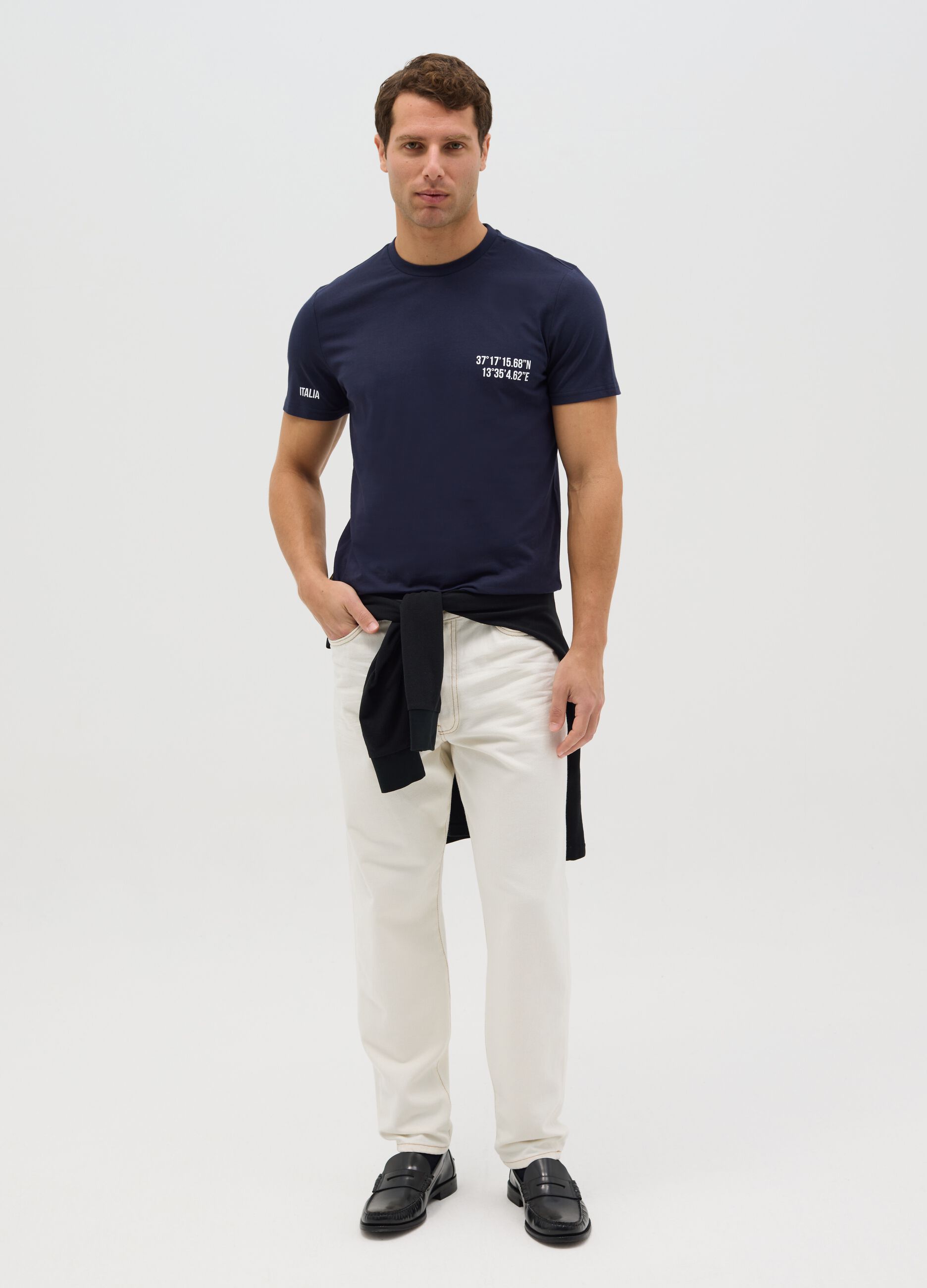 Cotton T-shirt with Valle dei Templi coordinates print