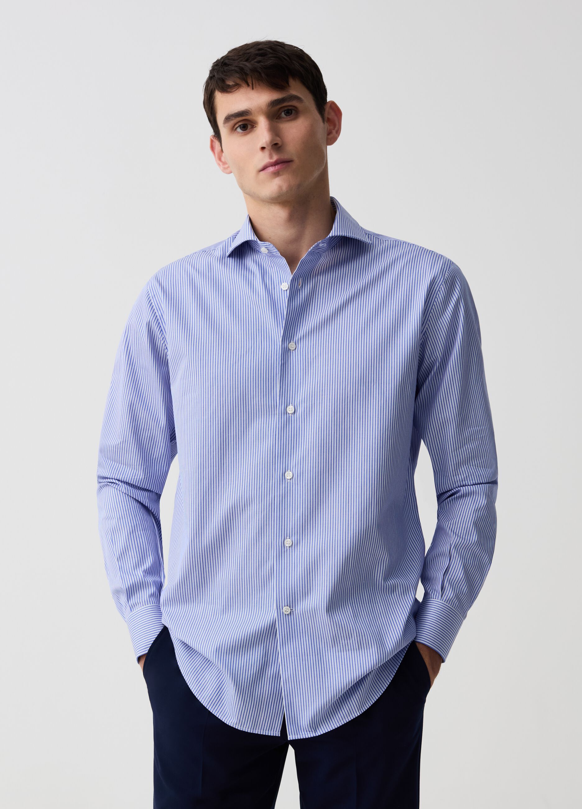 Regular-fit shirt in double-twist striped cotton