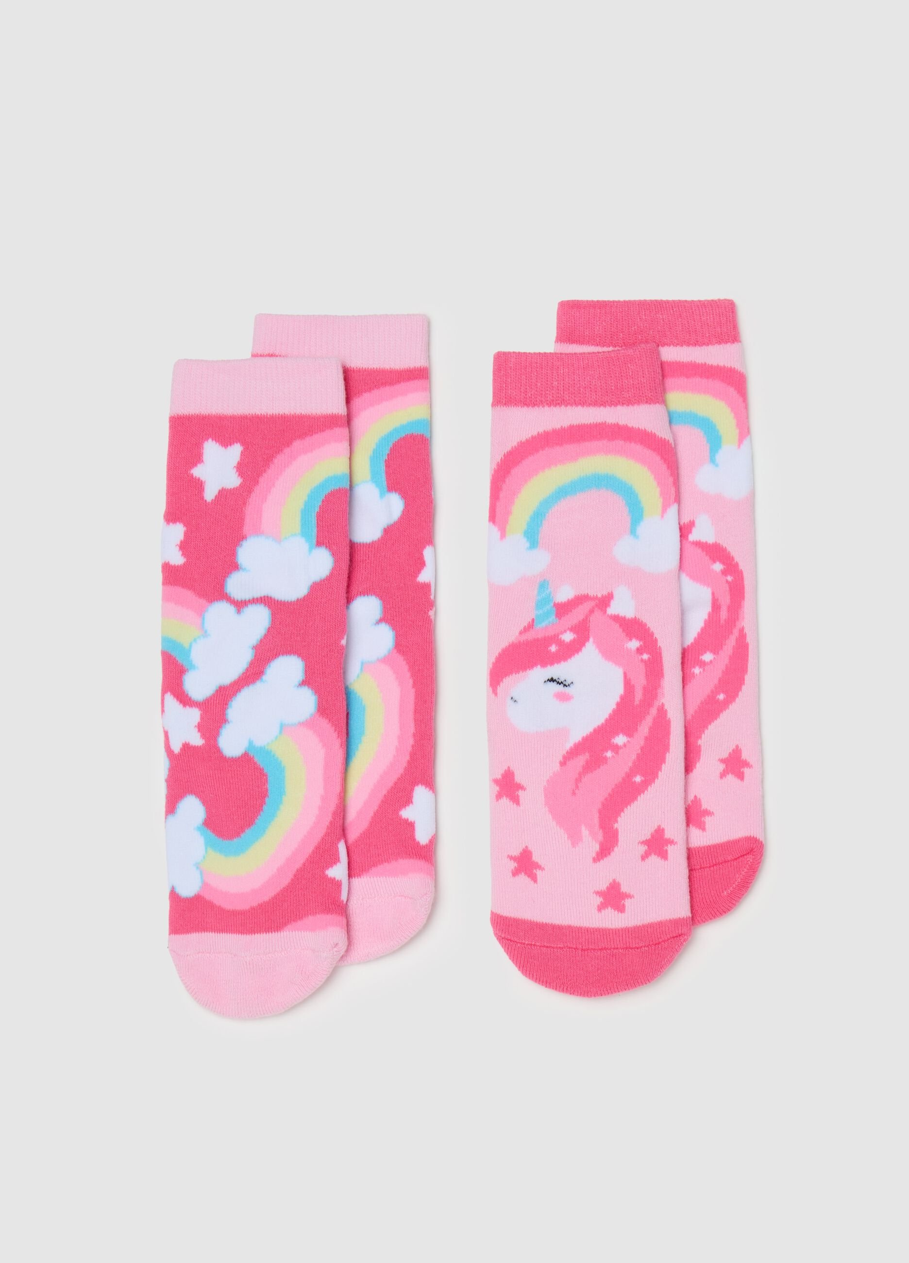 Two-pack slipper socks with unicorn and rainbows design