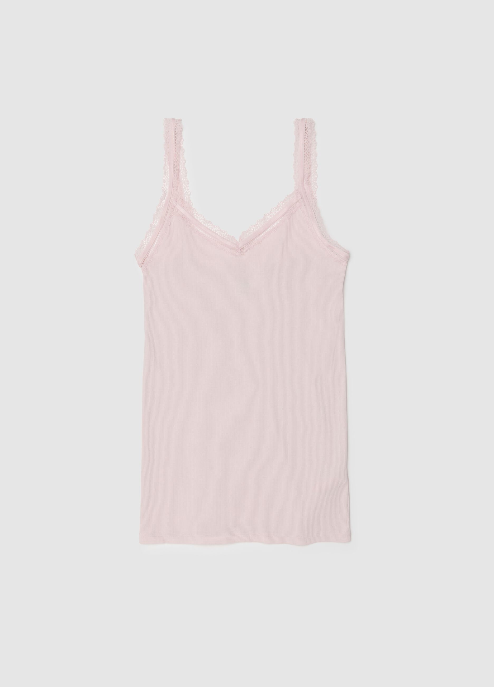 Canottiera in puro cotone rosa regular fit con bordo in pizzo