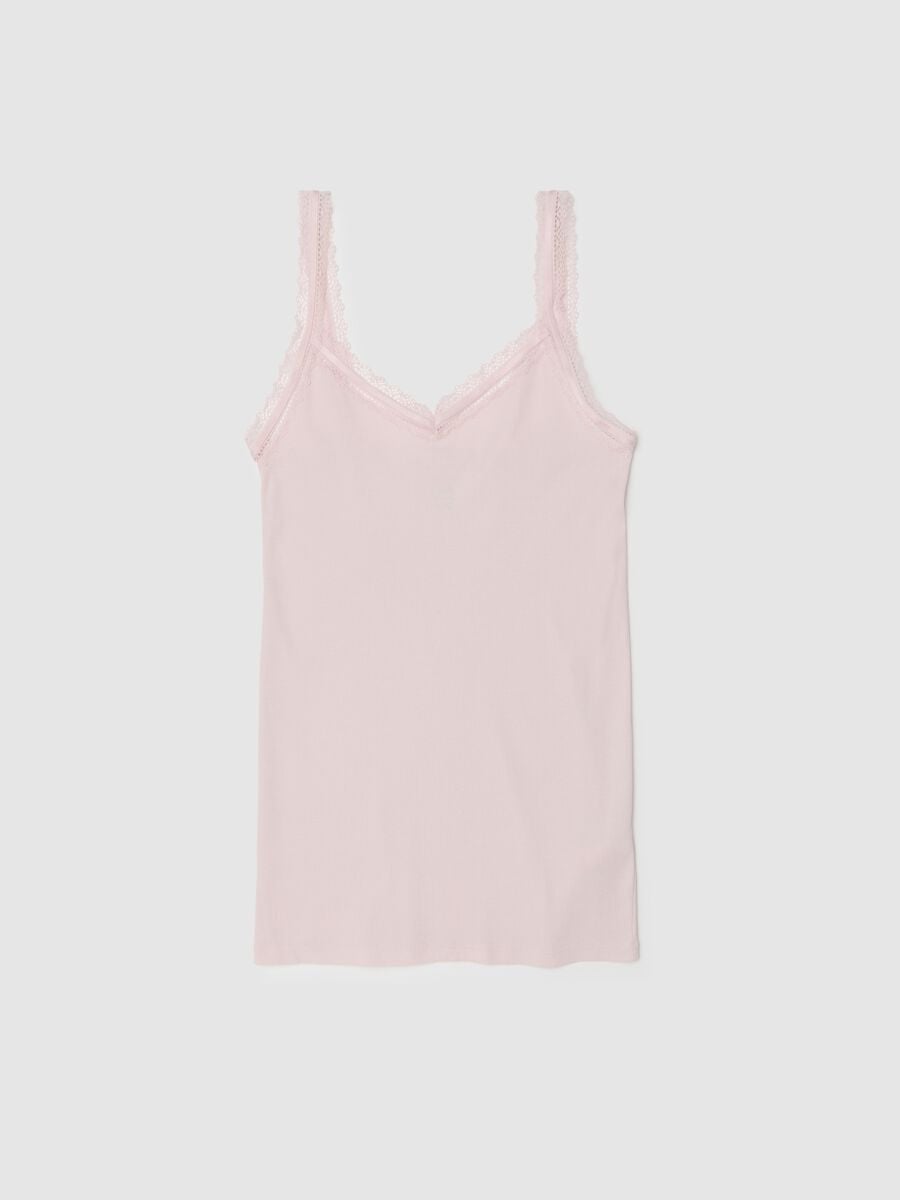Canottiera in puro cotone rosa regular fit con bordo in pizzo_4