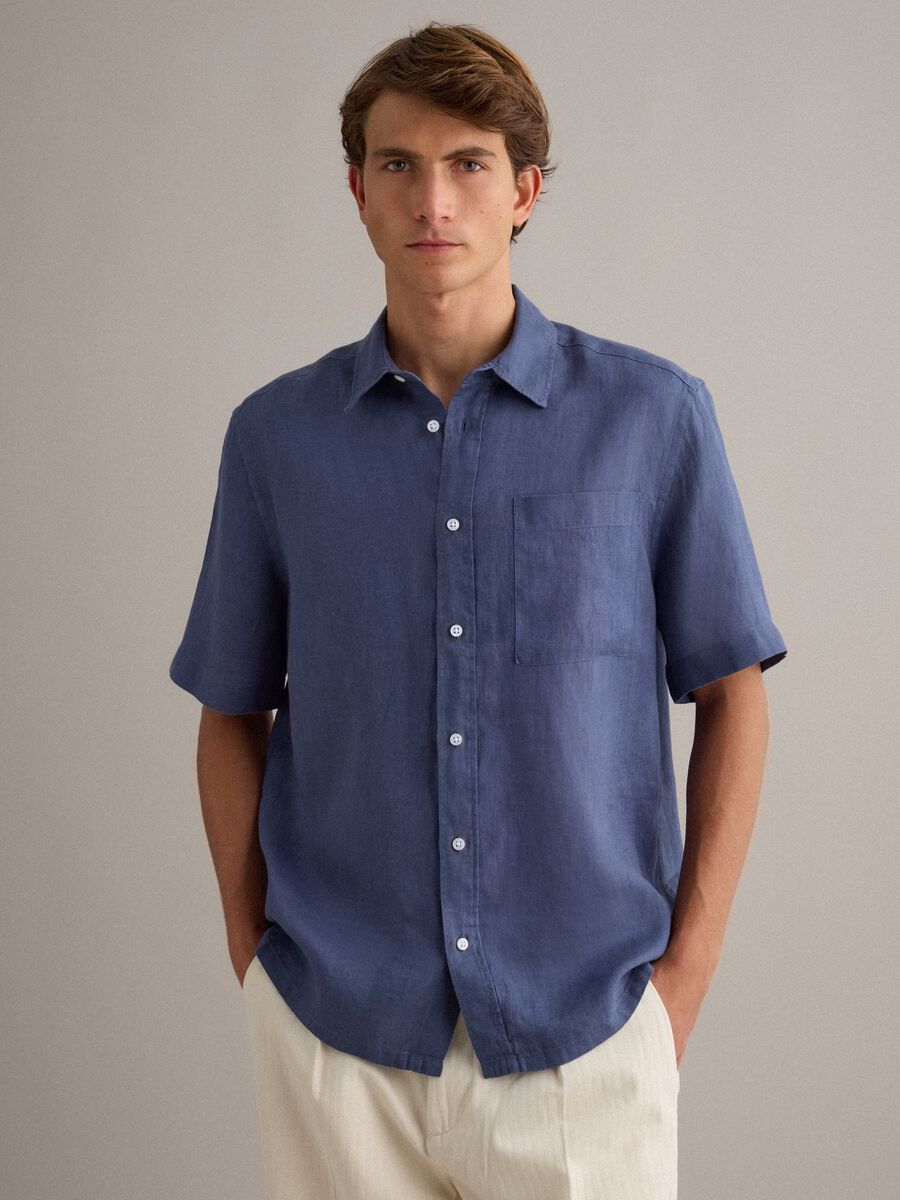 Camicia blu in puro lino regular fit_1