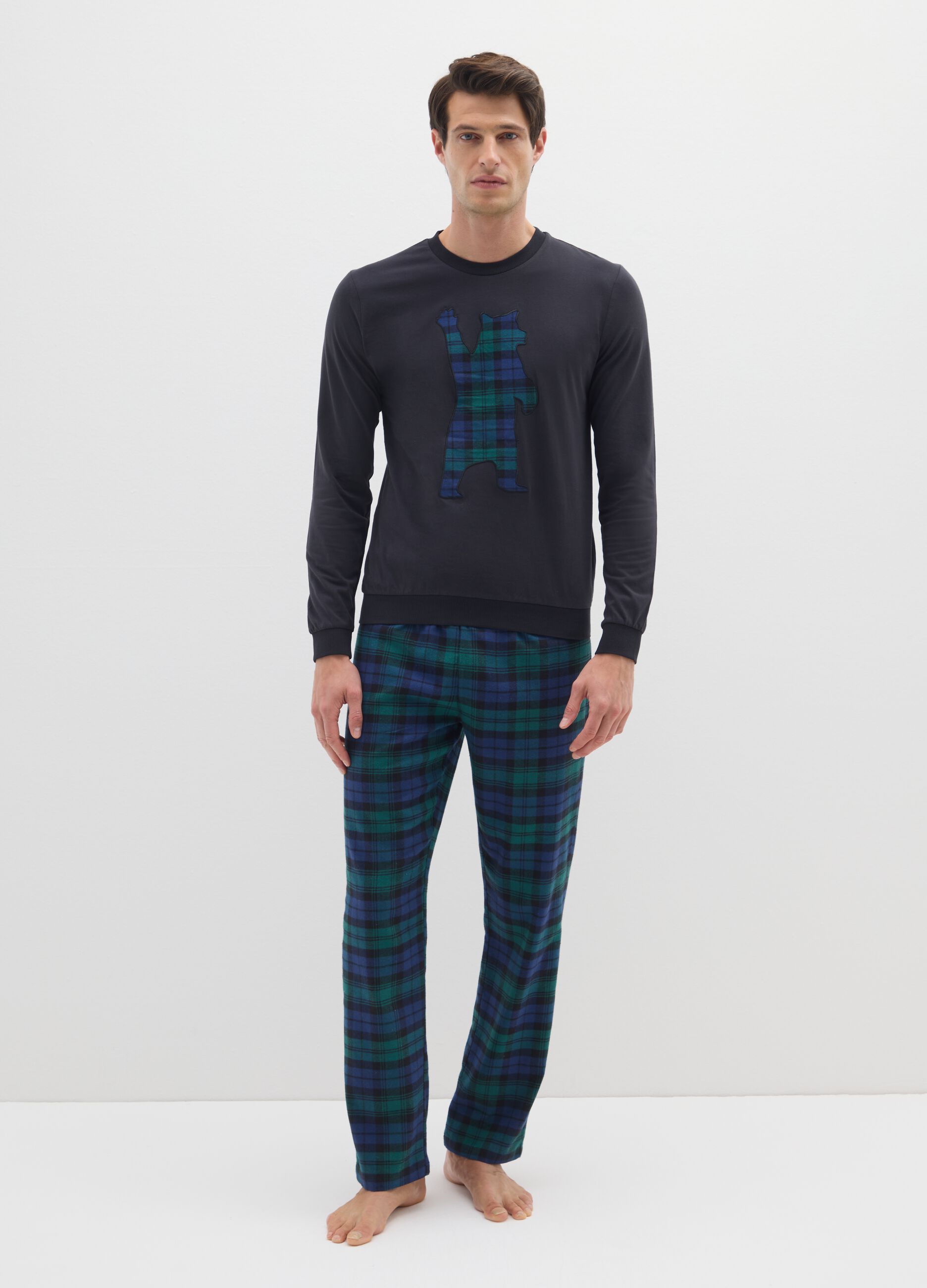 Long multicolour check pyjamas in pure cotton regular fit