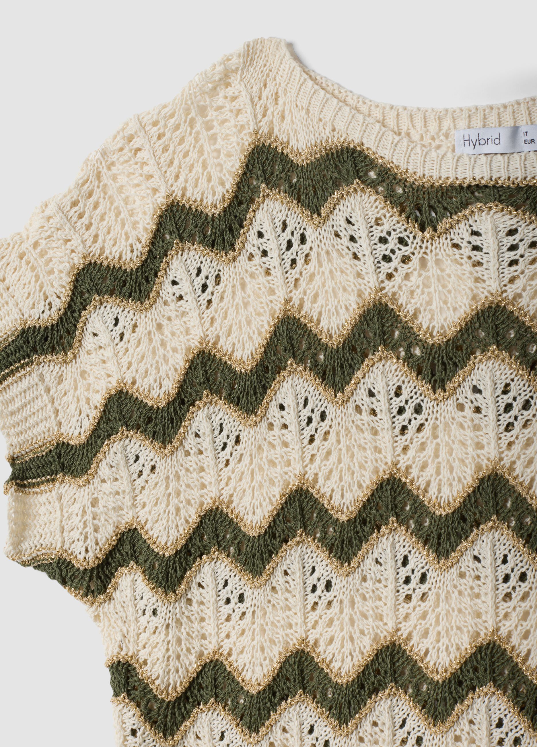 Beige open-knit striped top with green detailing in stretch cotton, regular fit
