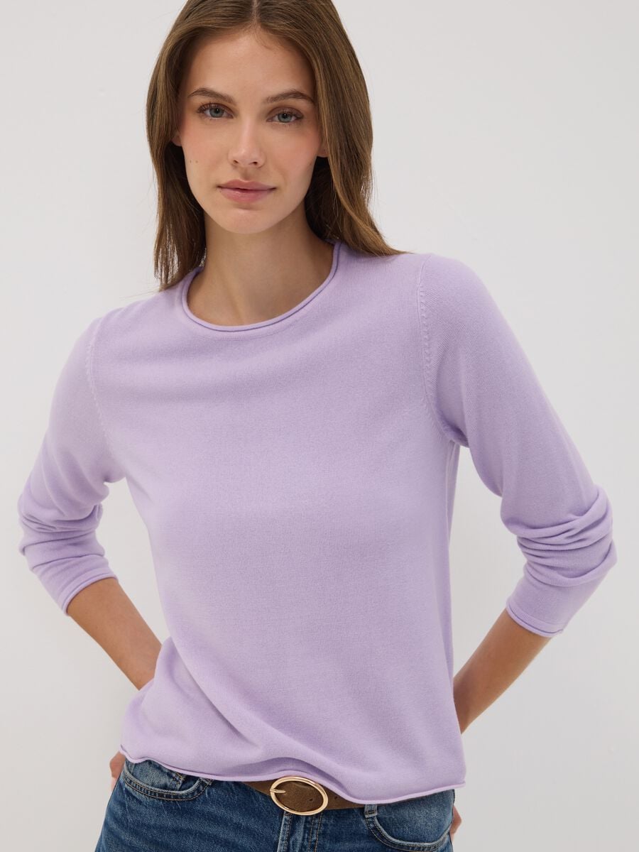 Maglia viola girocollo fitted a maniche lunghe_0