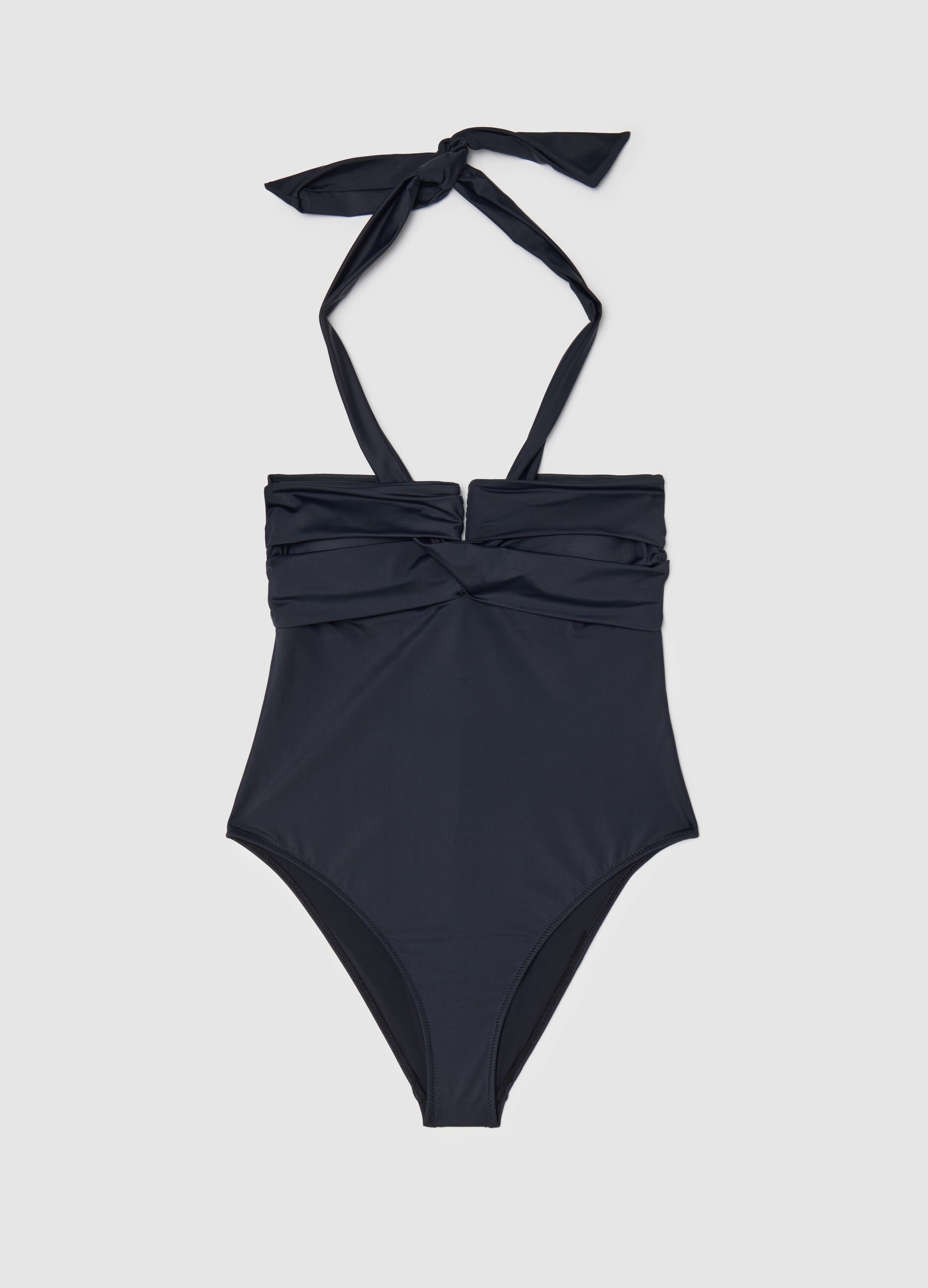 Costume intero da donna in tessuto elasticizzato nero con arricciature
