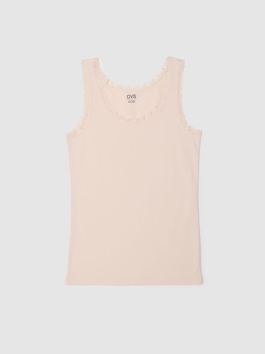 Canottiera in cotone elasticizzato beige regular fit con bordo in pizzo_4