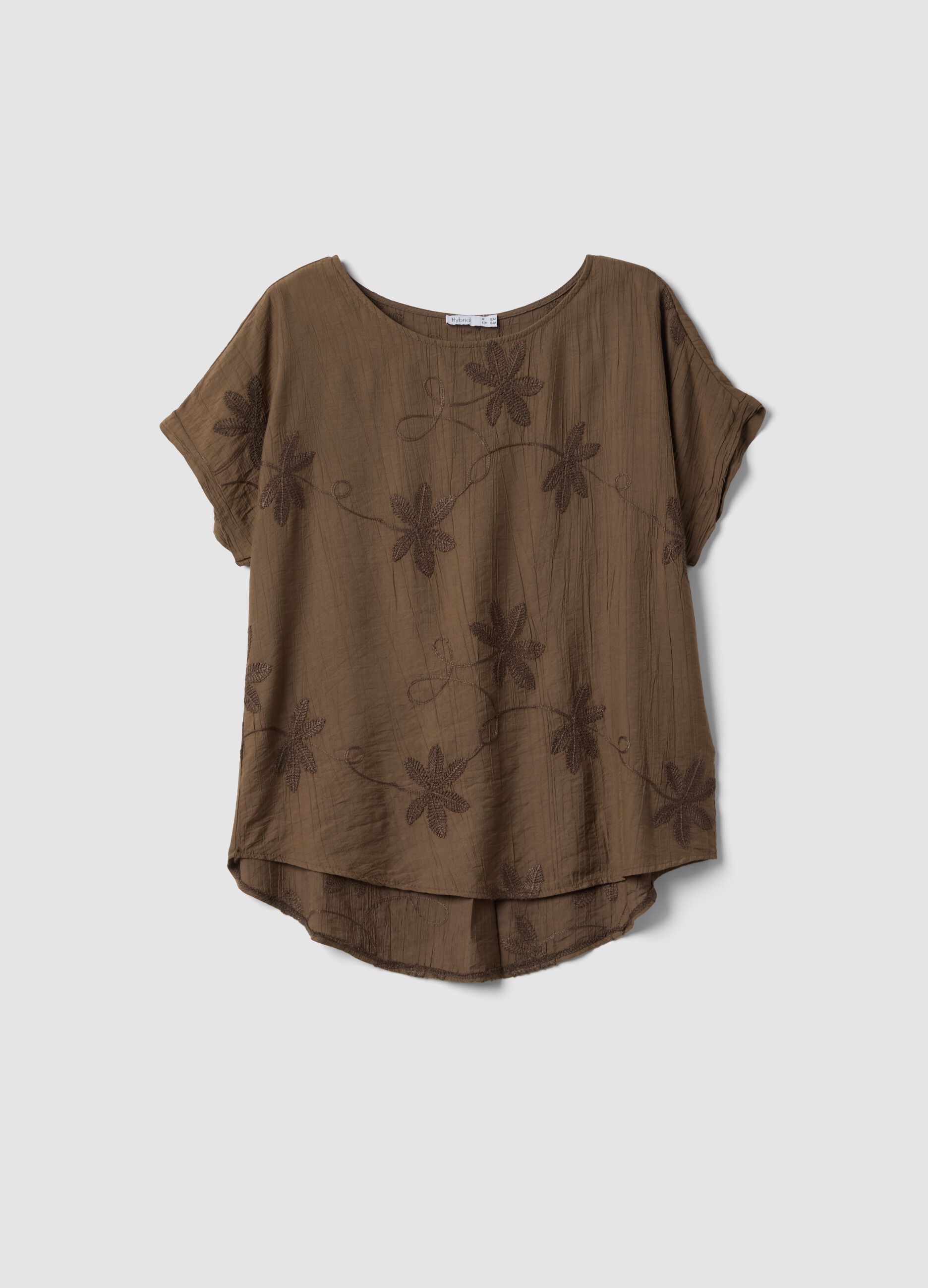 Brown viscose-blend blouse with floral embroidery