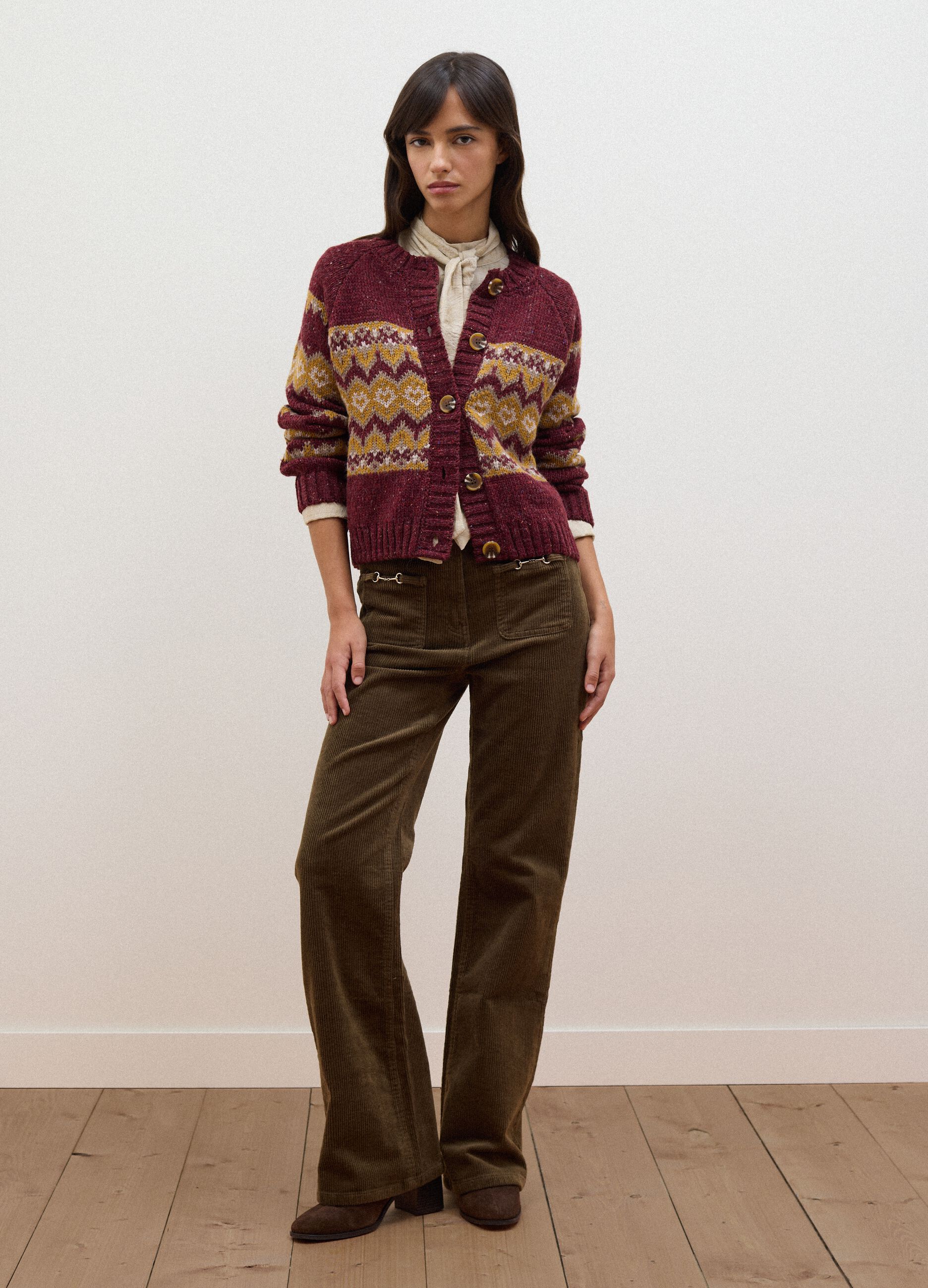 Green flared ribbed stretch-cotton trousers