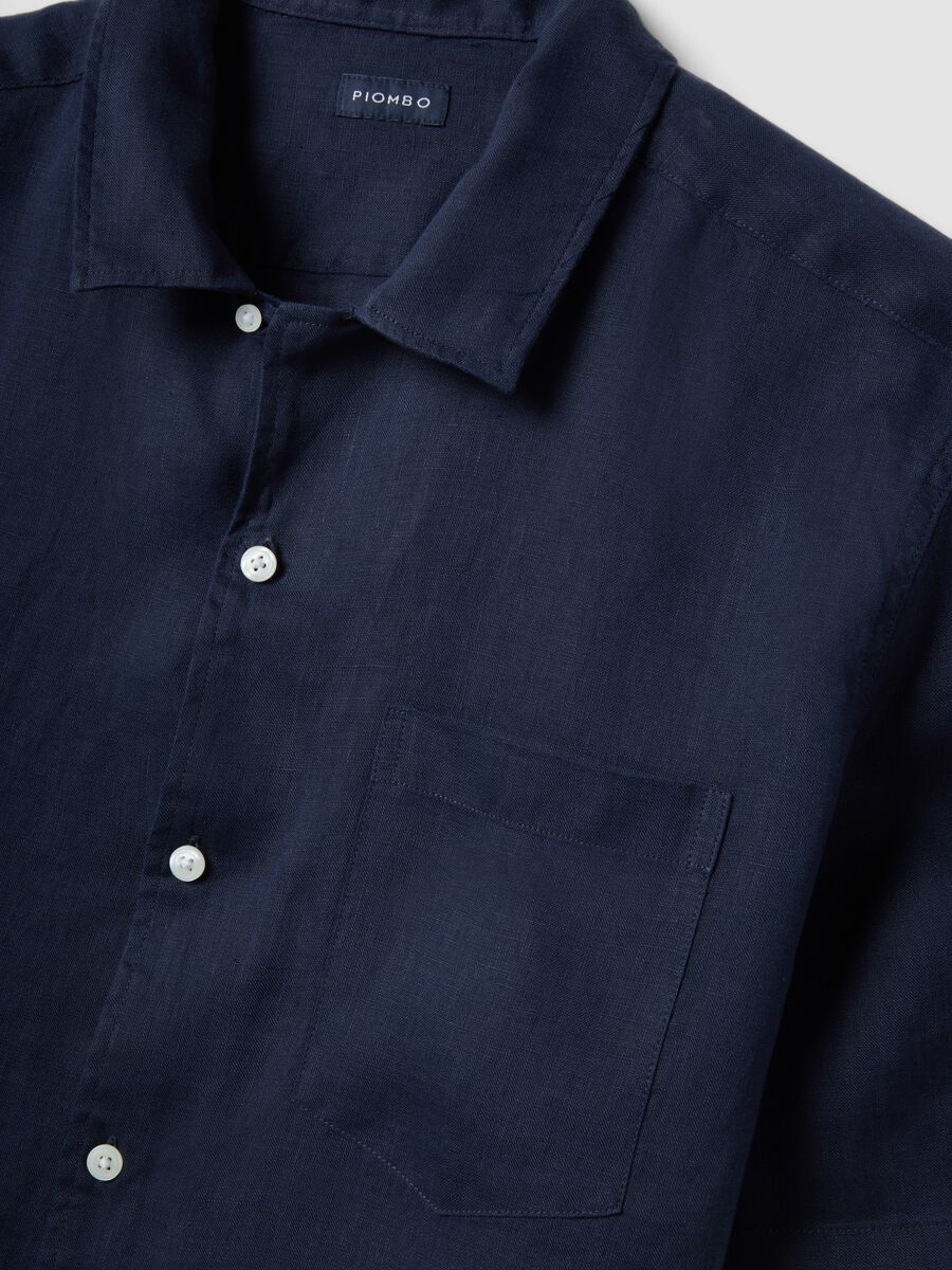 Camicia a maniche corte in puro lino blu regular fit con taschino_1