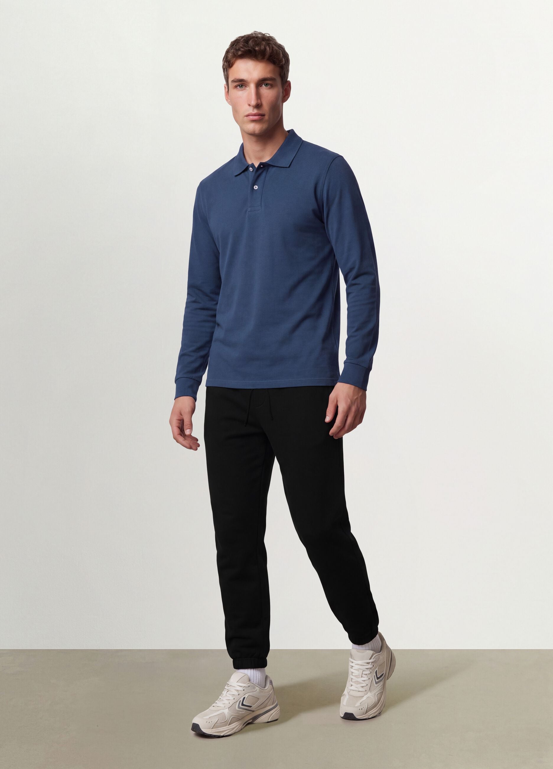 Blue long-sleeve regular-fit polo in organic cotton piqu&eacute;