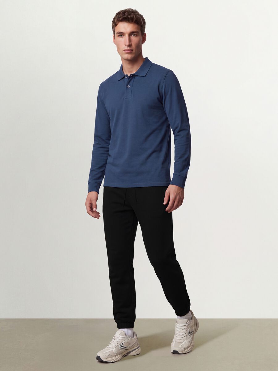Polo blu in piquet di puro cotone organico a maniche lunghe regular fit_2