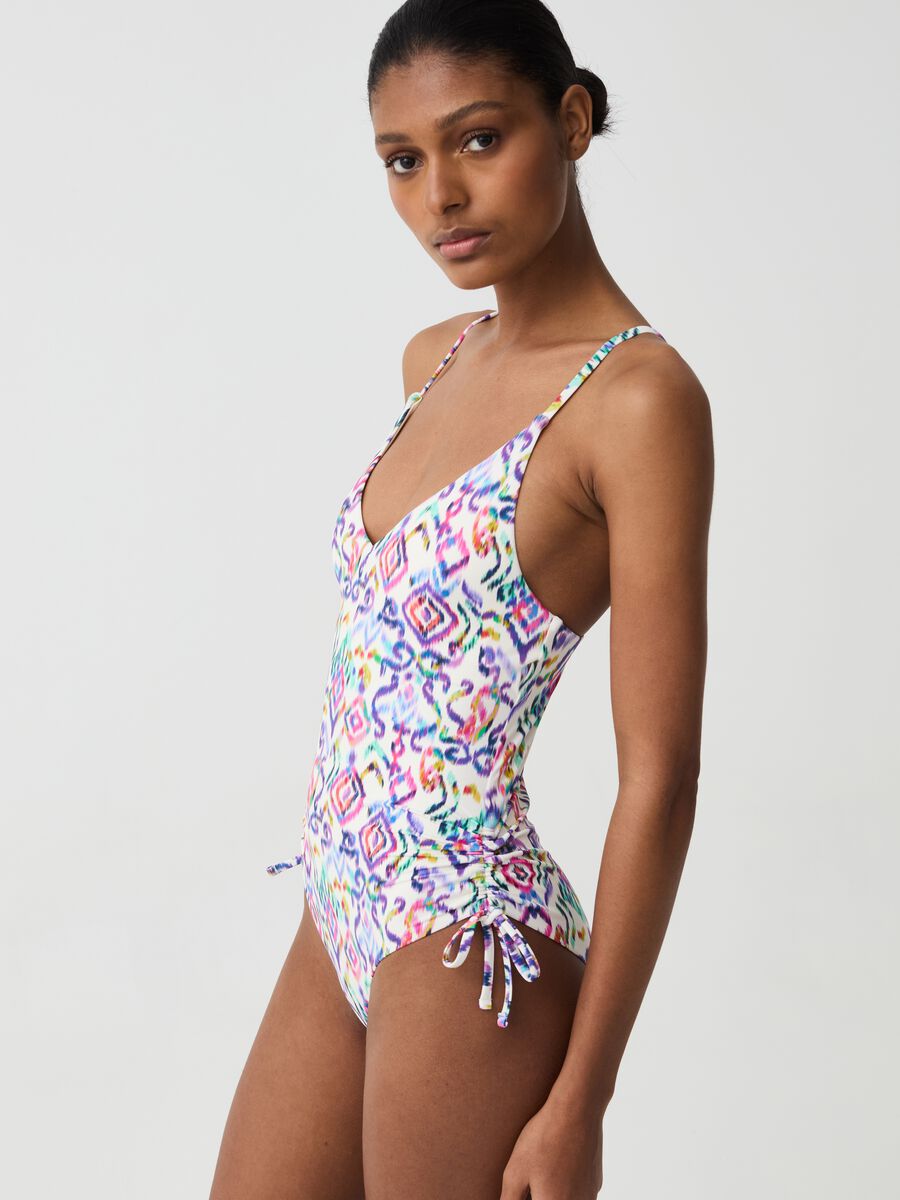 One-piece swimsuit with drawstring and ikat print_2