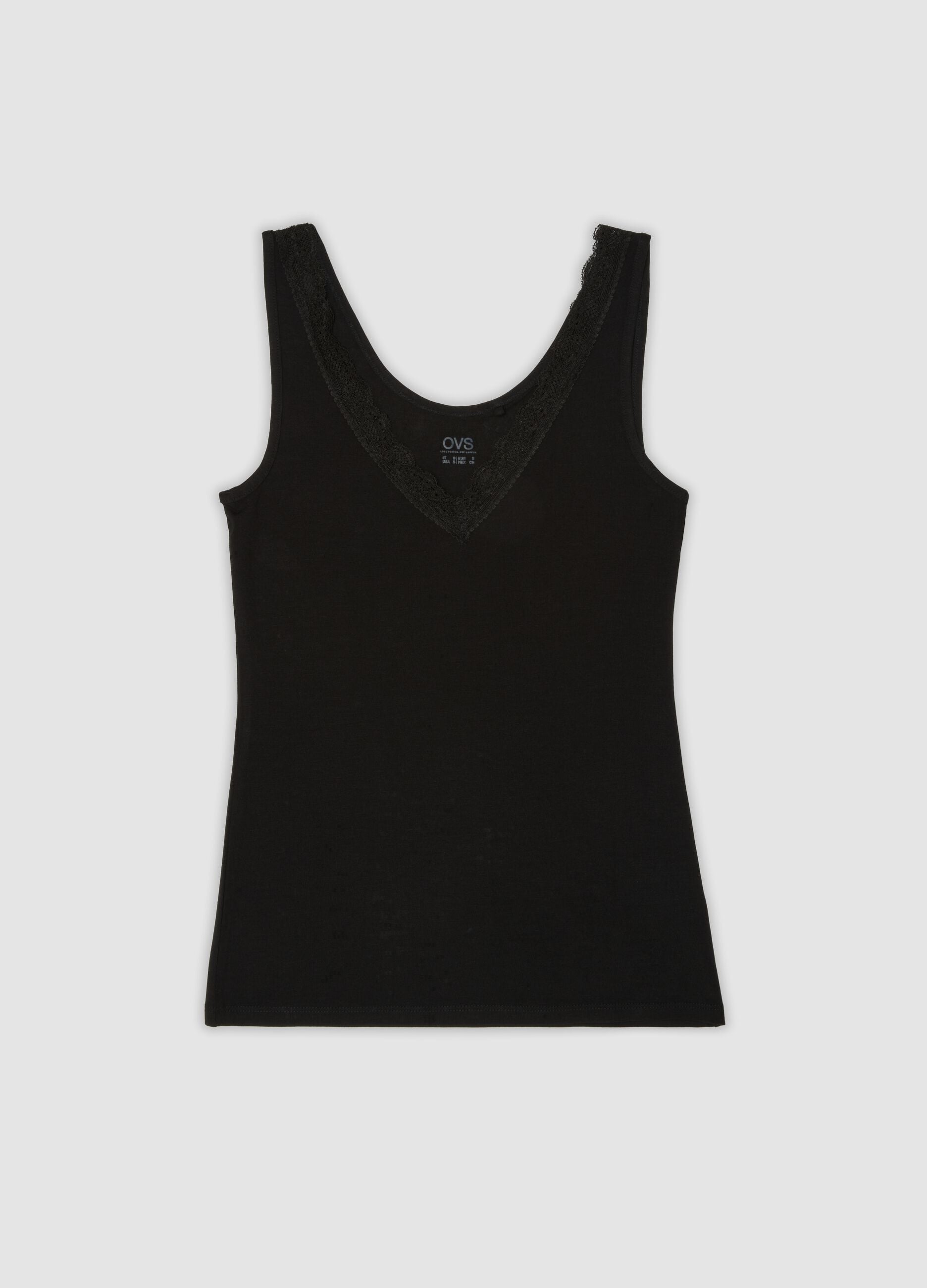 Black stretch viscose vest top with deep V-neck lace trim