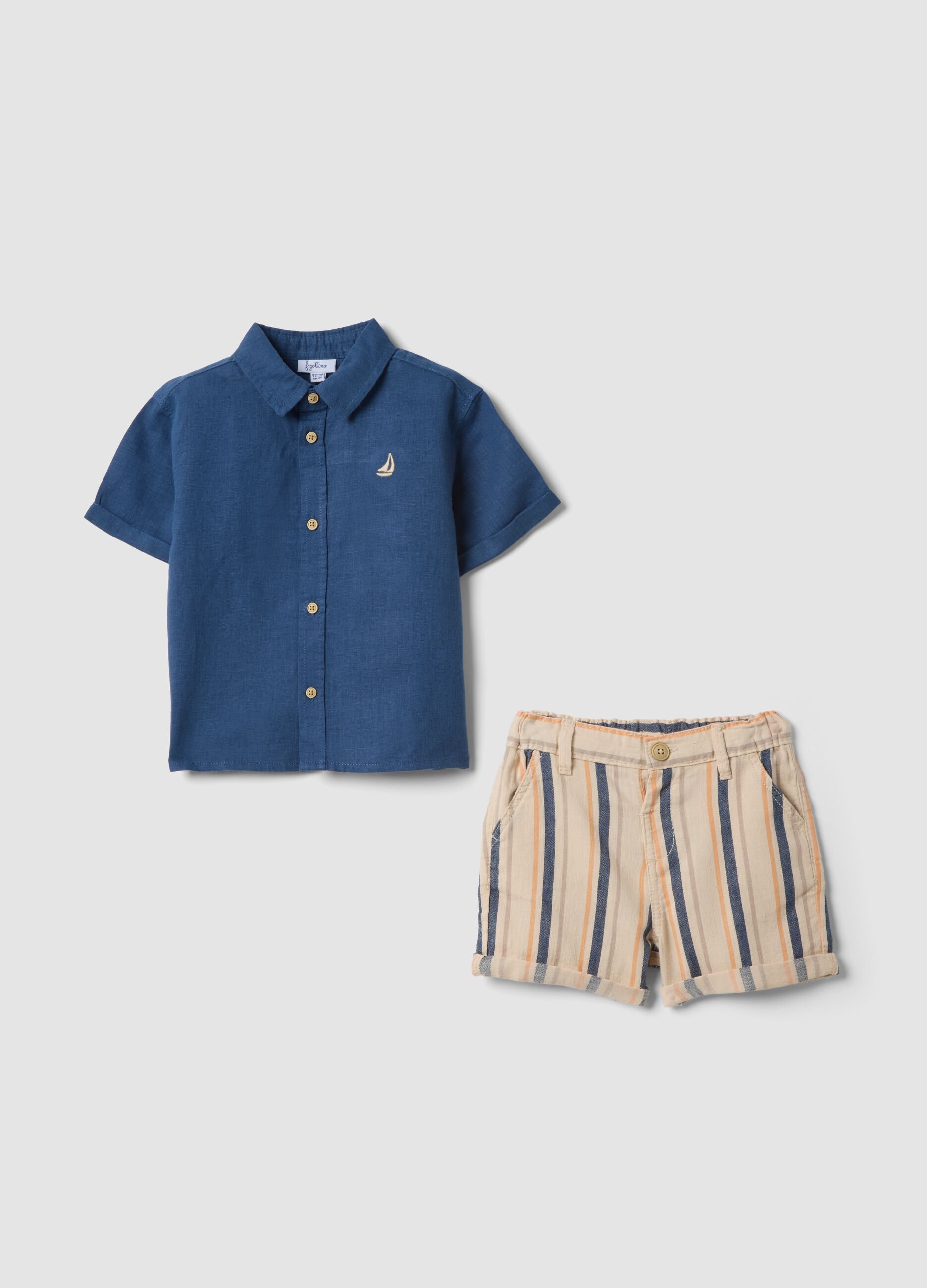 Blue linen-cotton blend set with shirt and striped shorts for baby boy