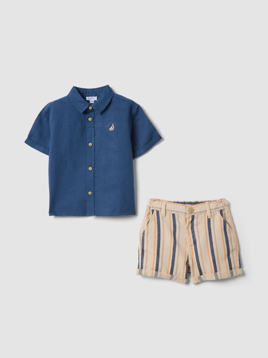Blue linen-cotton blend set with shirt and striped shorts for baby boy_0