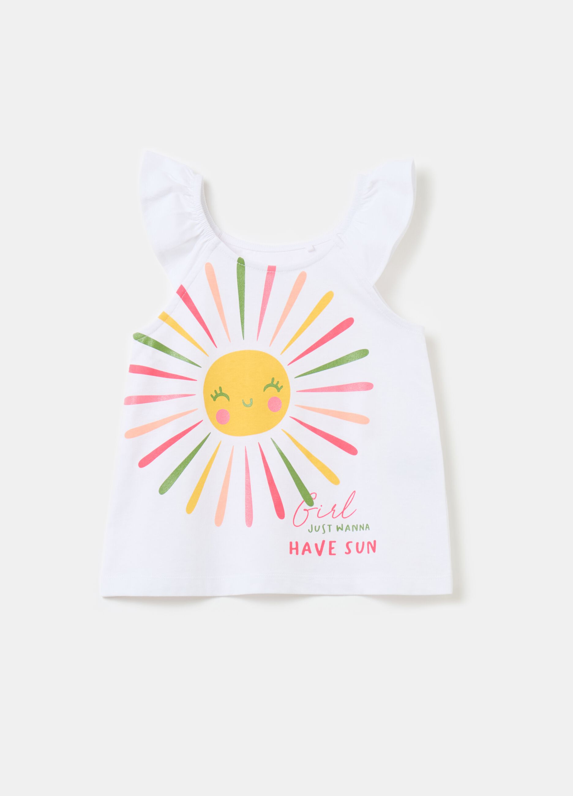 Cotton tank top with frills and print