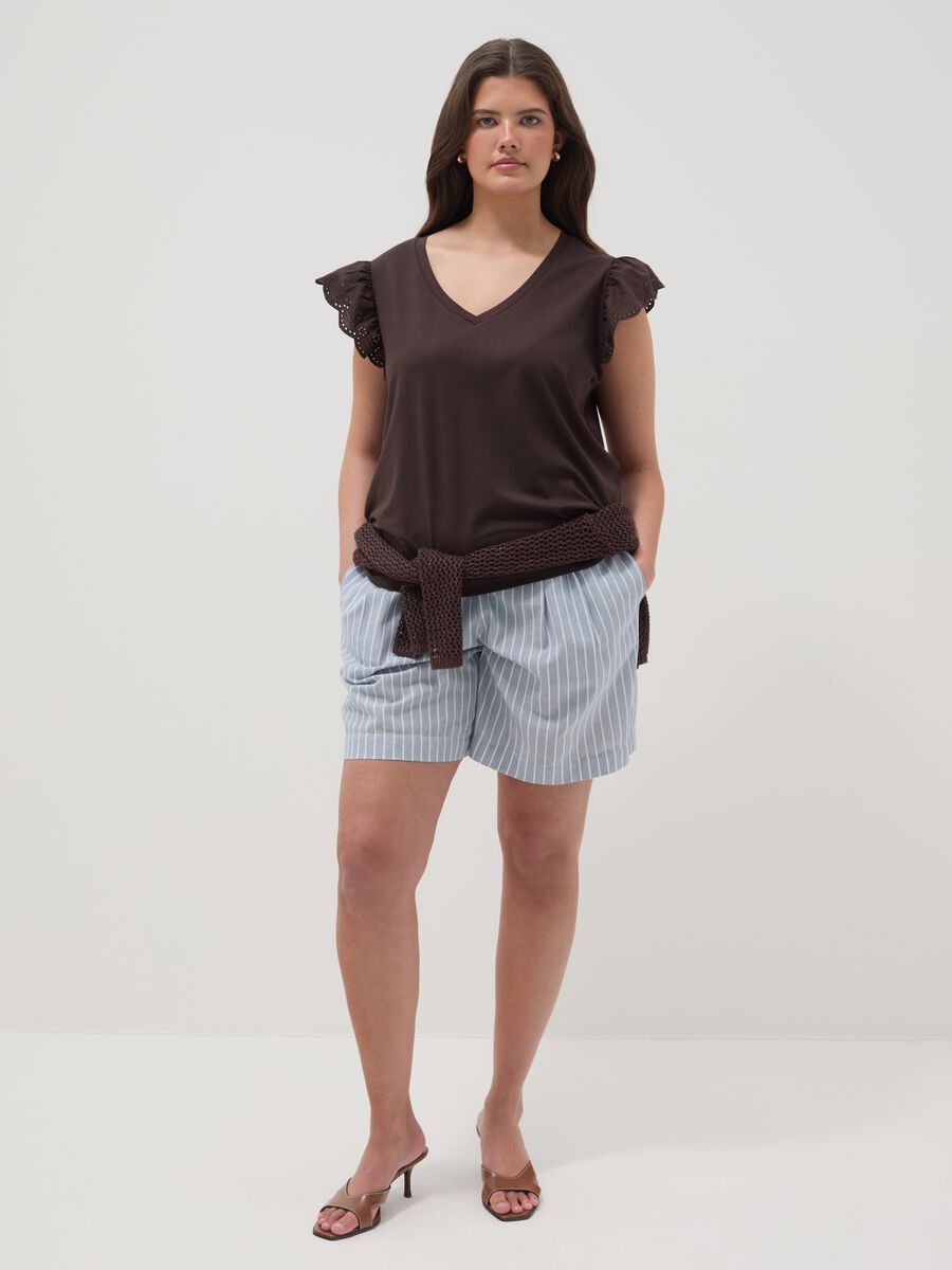 Brown stretch cotton T-shirt with ruffle sleeves, regular fit_2