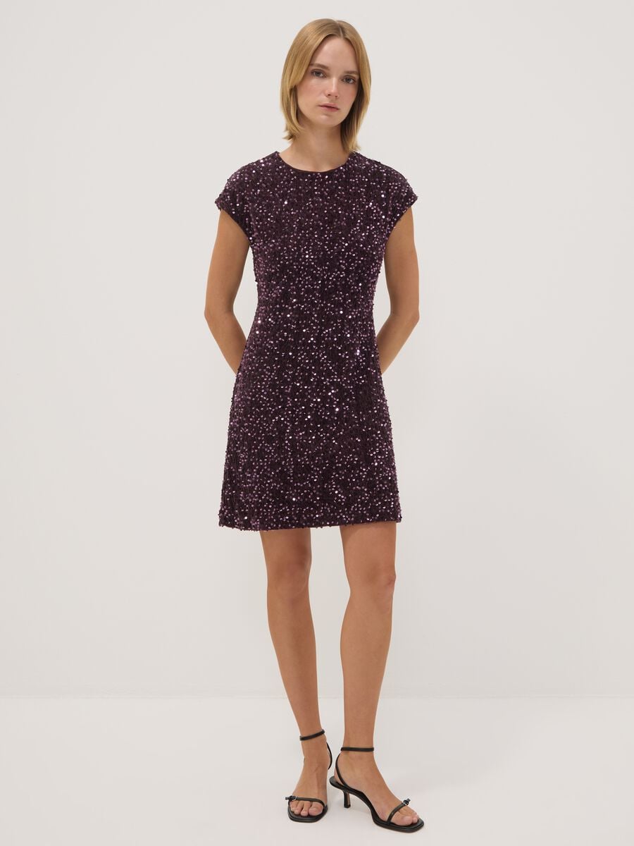 Abito viola vinaccia girocollo con paillettes fitted_0