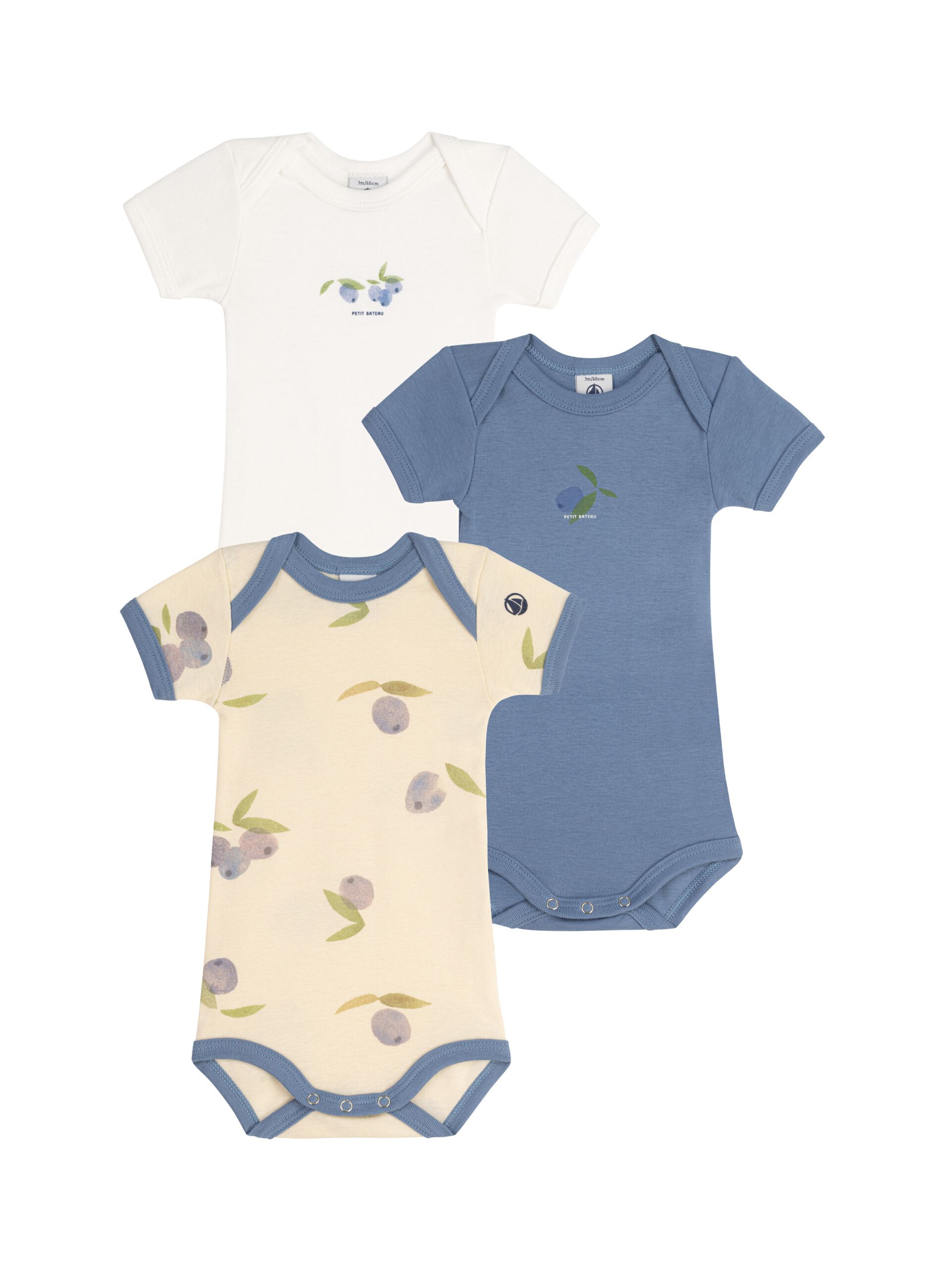 Three-pack bodysuits with short sleeves and blueberries print