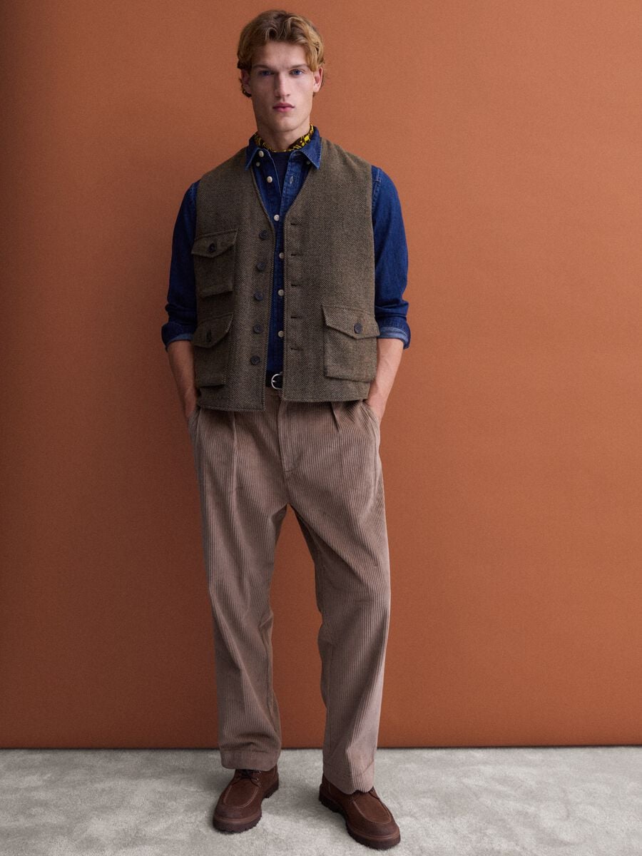 Brown herringbone wool and viscose blend waistcoat_2