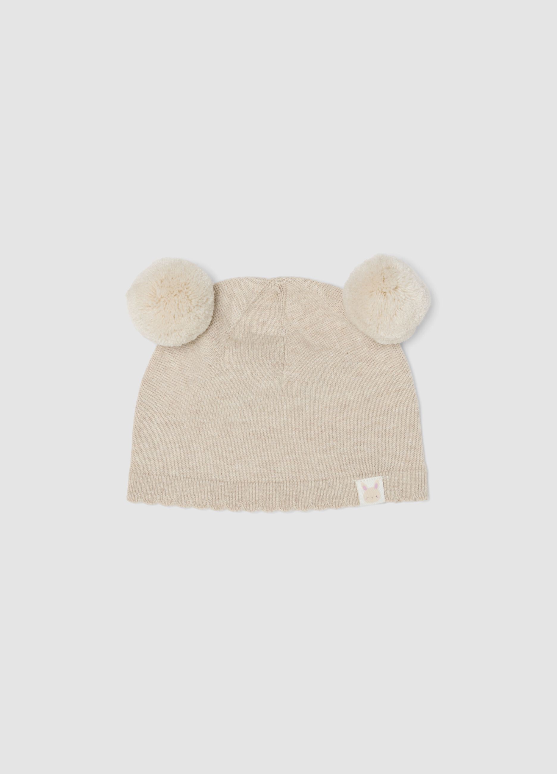 Beige knitted hat in pure organic cotton with pom-poms for baby girl