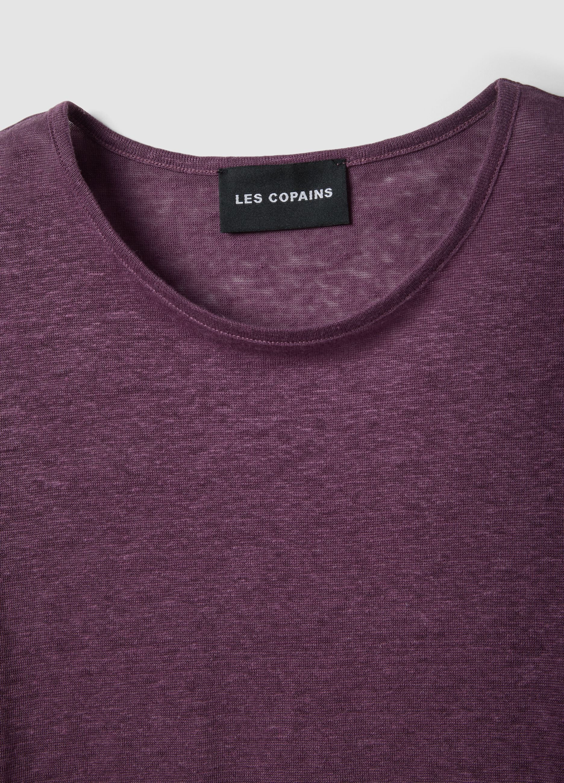 Purple short-sleeved pure linen T-shirt, regular fit