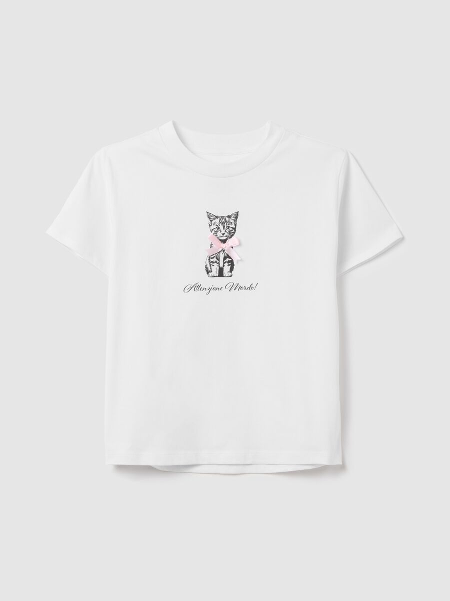 White T-shirt in cotton with "Attenzione mordo!" kitten print_4