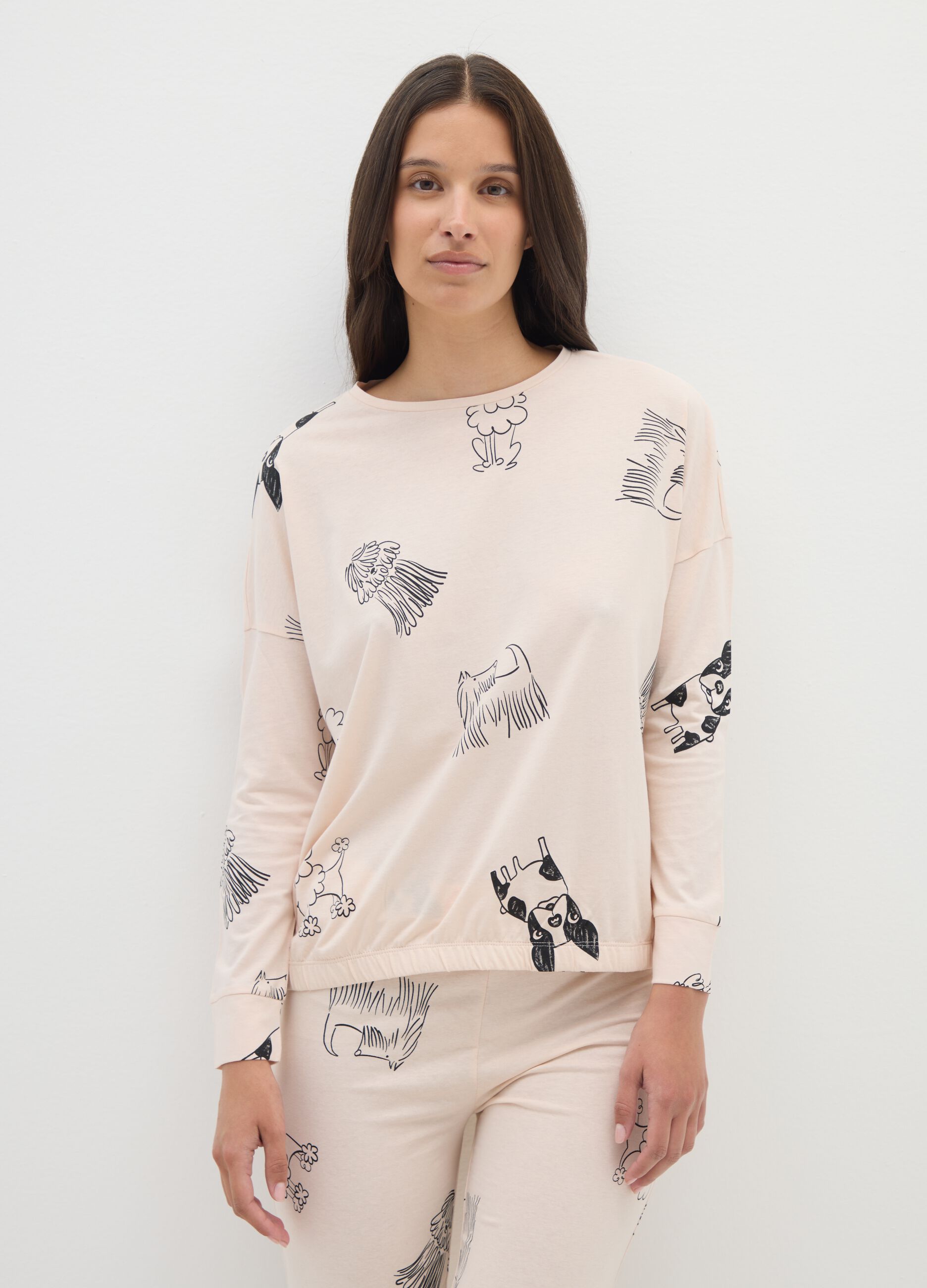 Pigiama in puro cotone beige con stampa