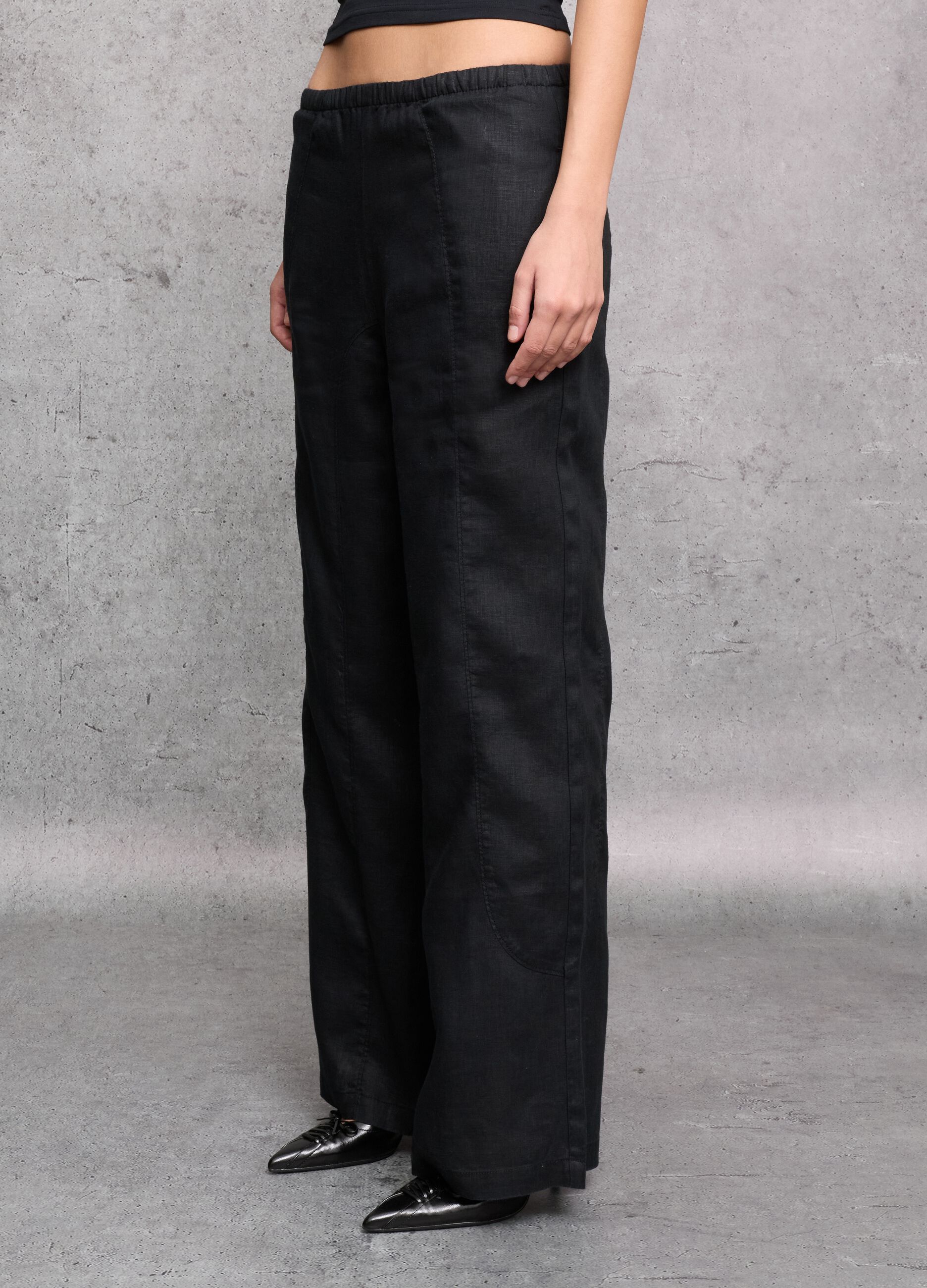 100% Linen Wide-Leg Trousers Black
