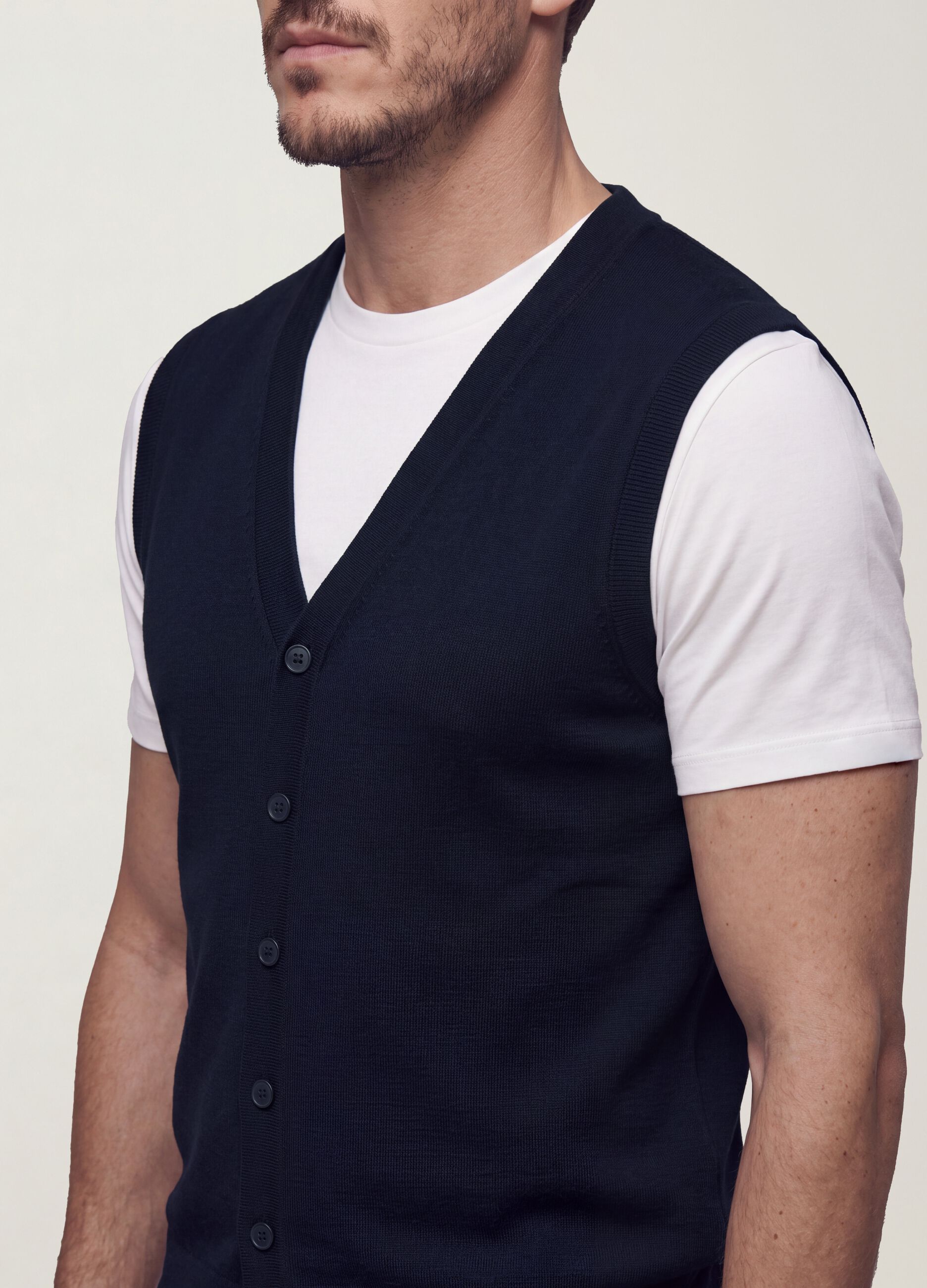 Blue viscose-blend waistcoat with deep V-neck, regular fit