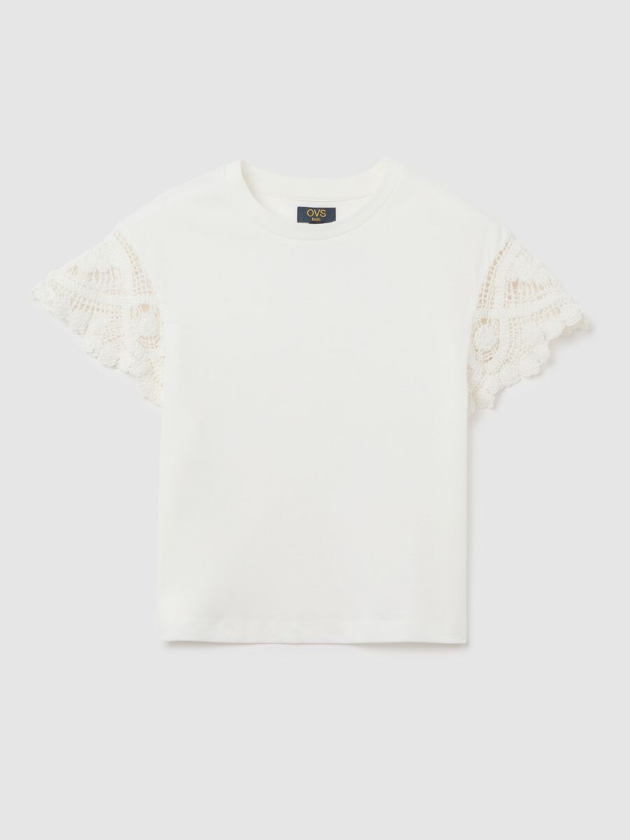 White regular fit pure cotton girls' T-shirt with lace sleeves_3