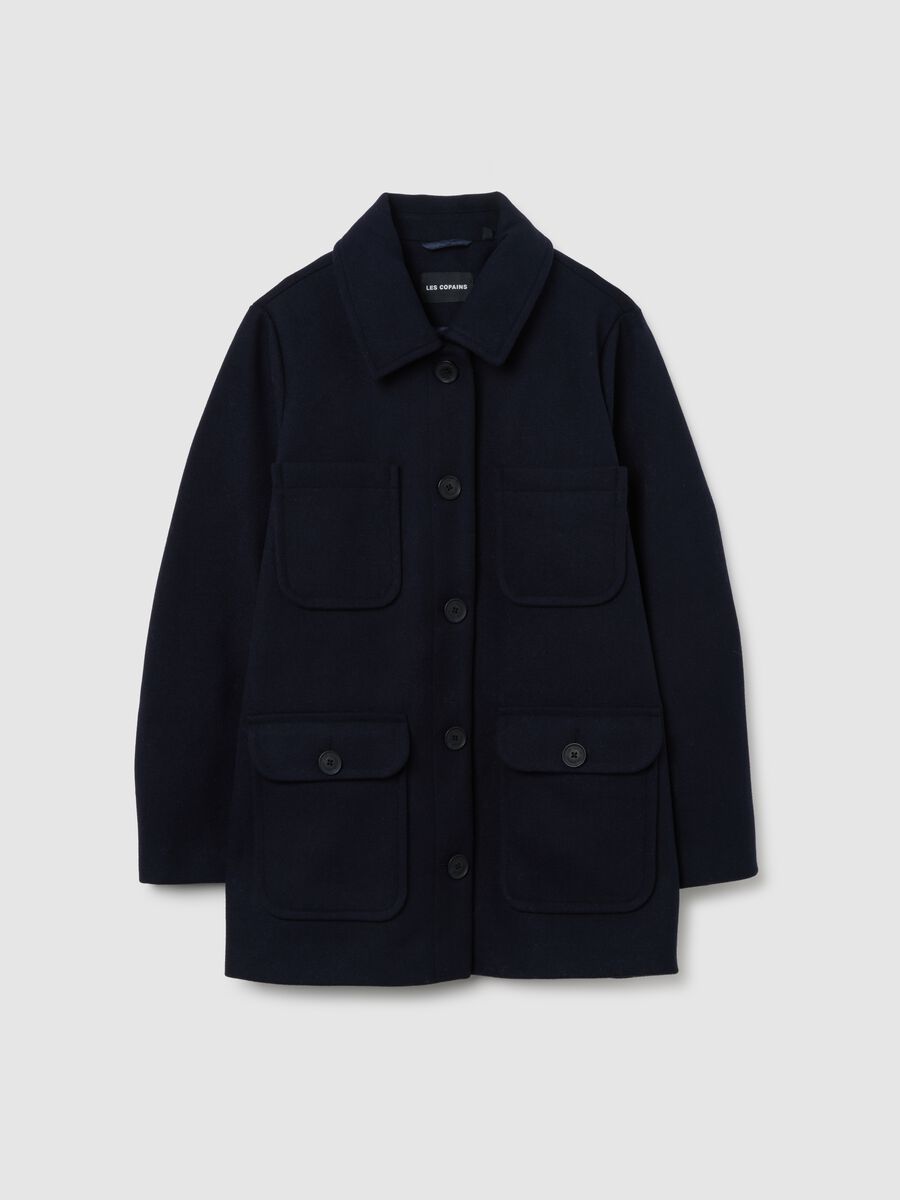 Cappotto in misto lana blu regular fit con bottoni e tasche_0