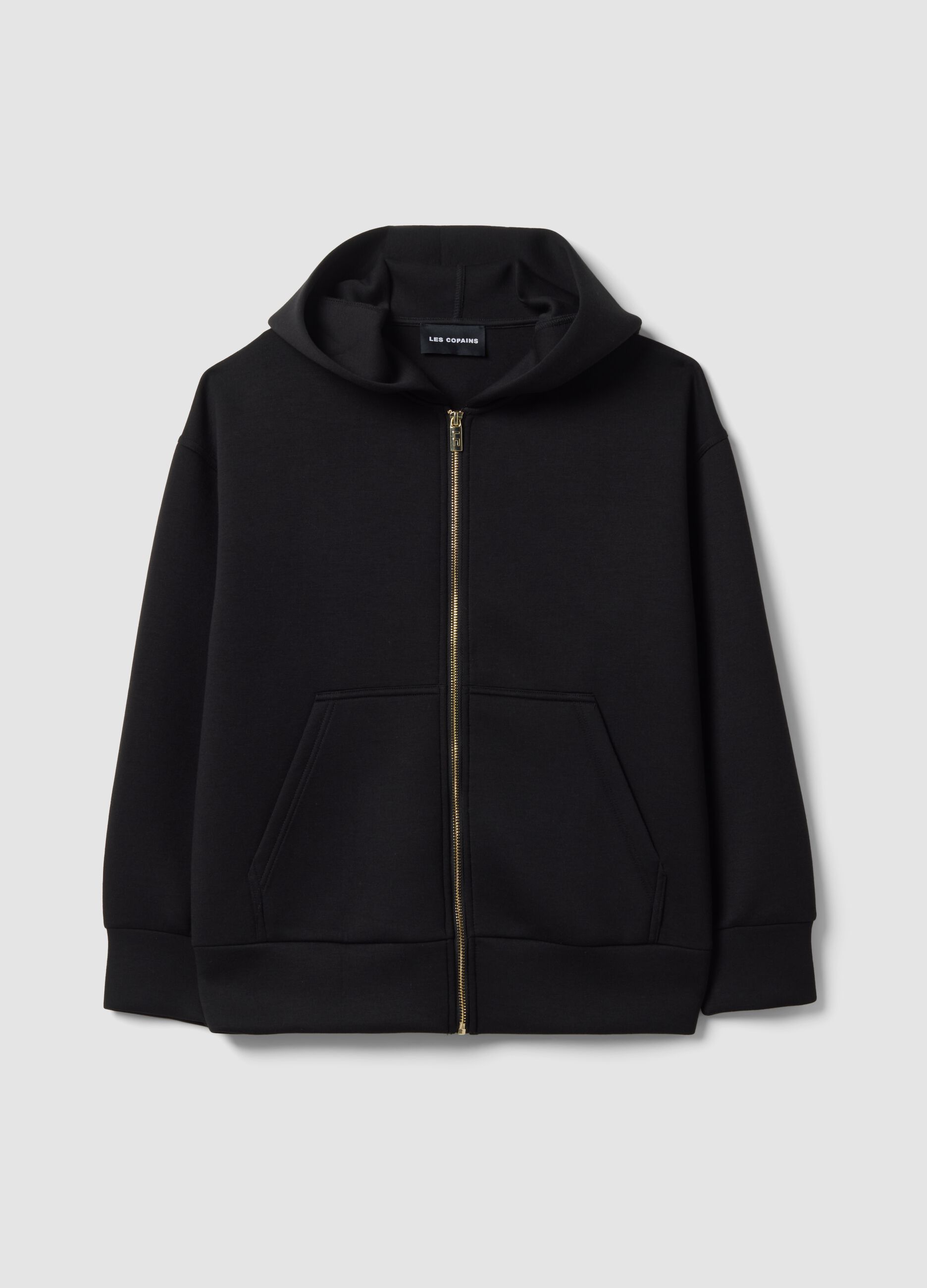Black stretch viscose full-zip hoodie, oversized fit