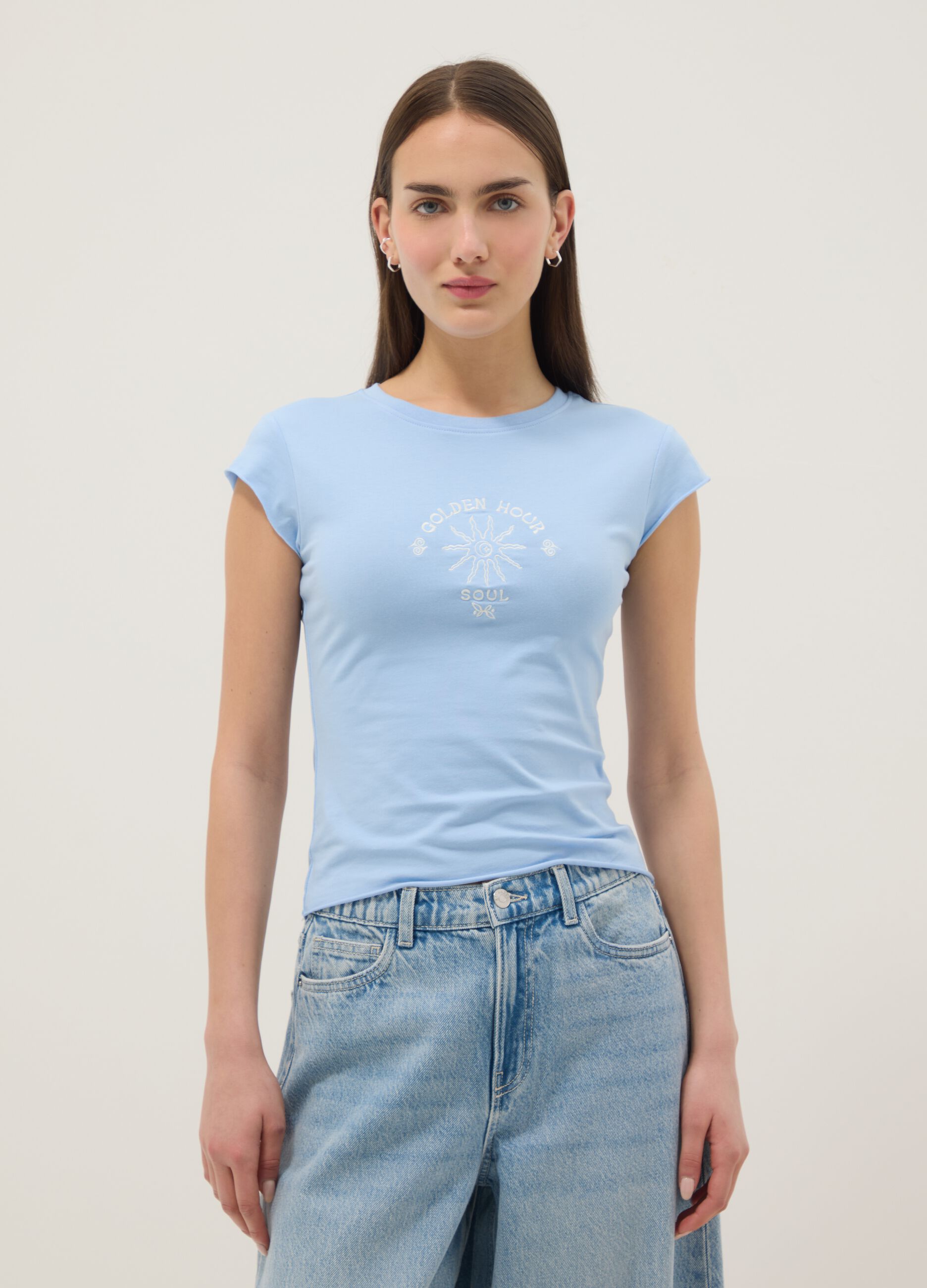 Blue fitted stretch-cotton T-shirt with print