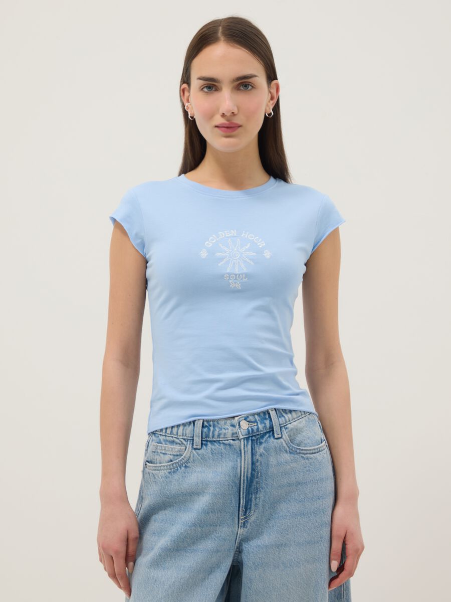 Blue fitted stretch-cotton T-shirt with print_1