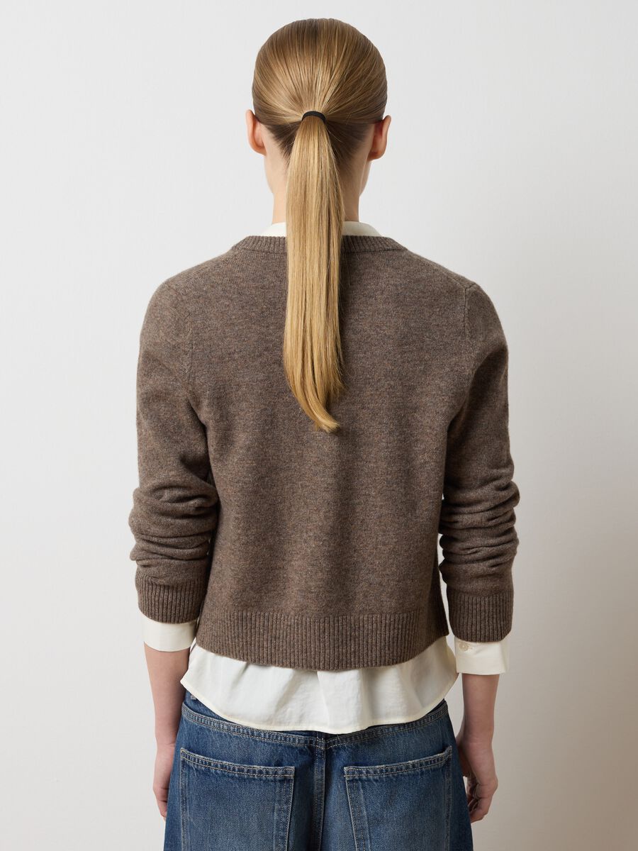 Brown crew neck cardigan in pure wool regular fit_3