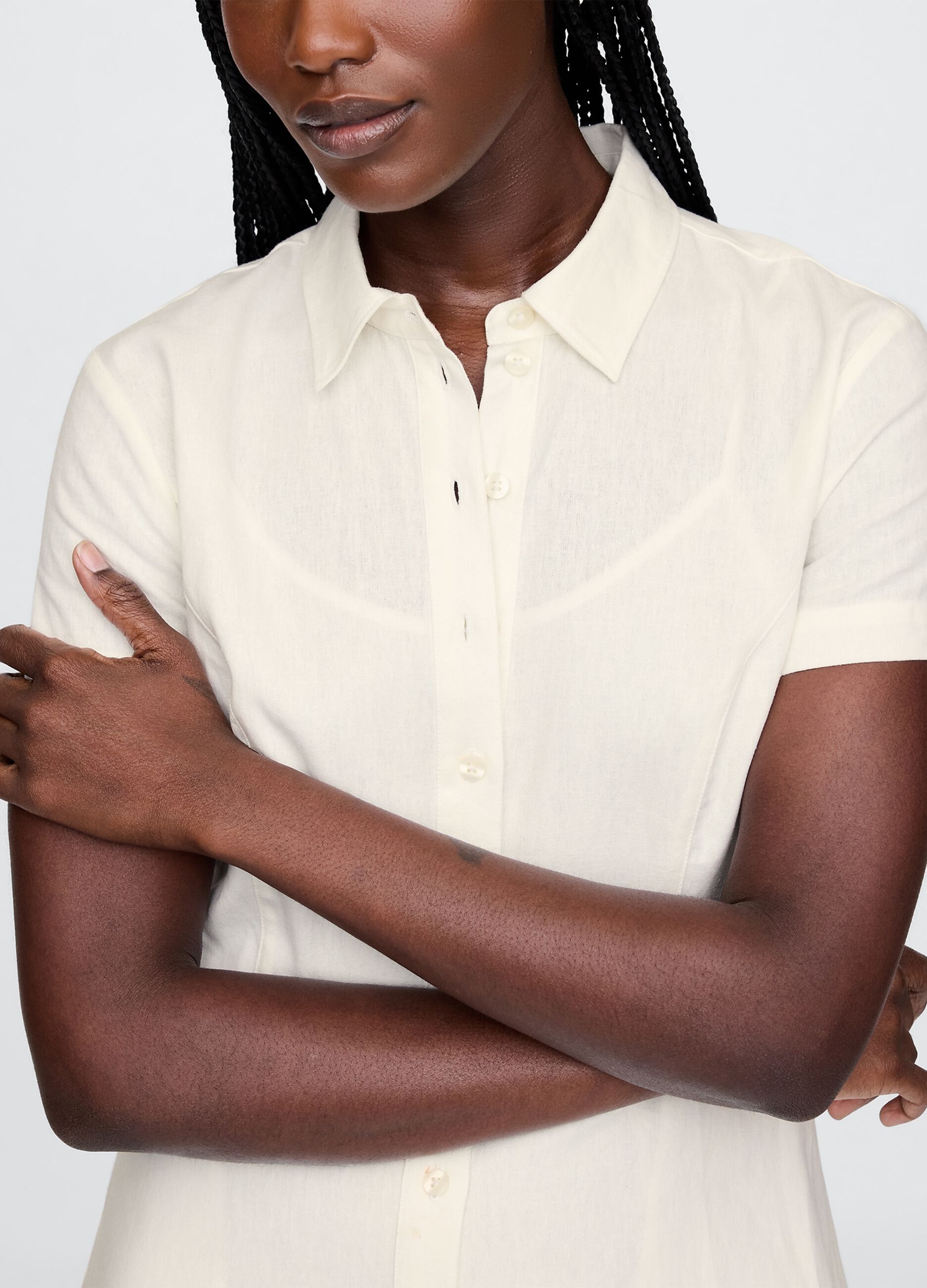 Abito camicia lungo beige in lino e viscosa