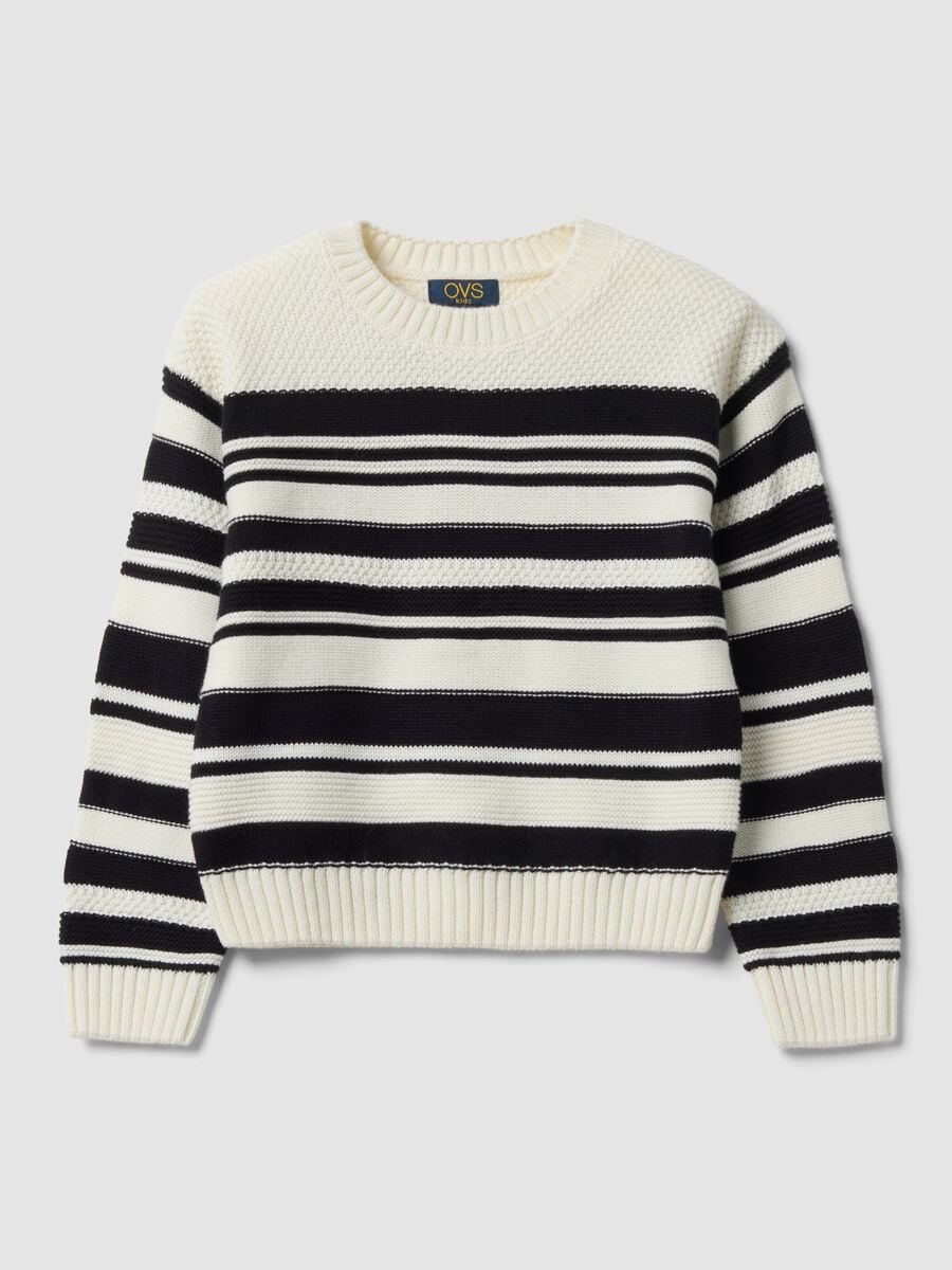 Maglia bianca in misto cotone a righe con girocollo per bambina_0